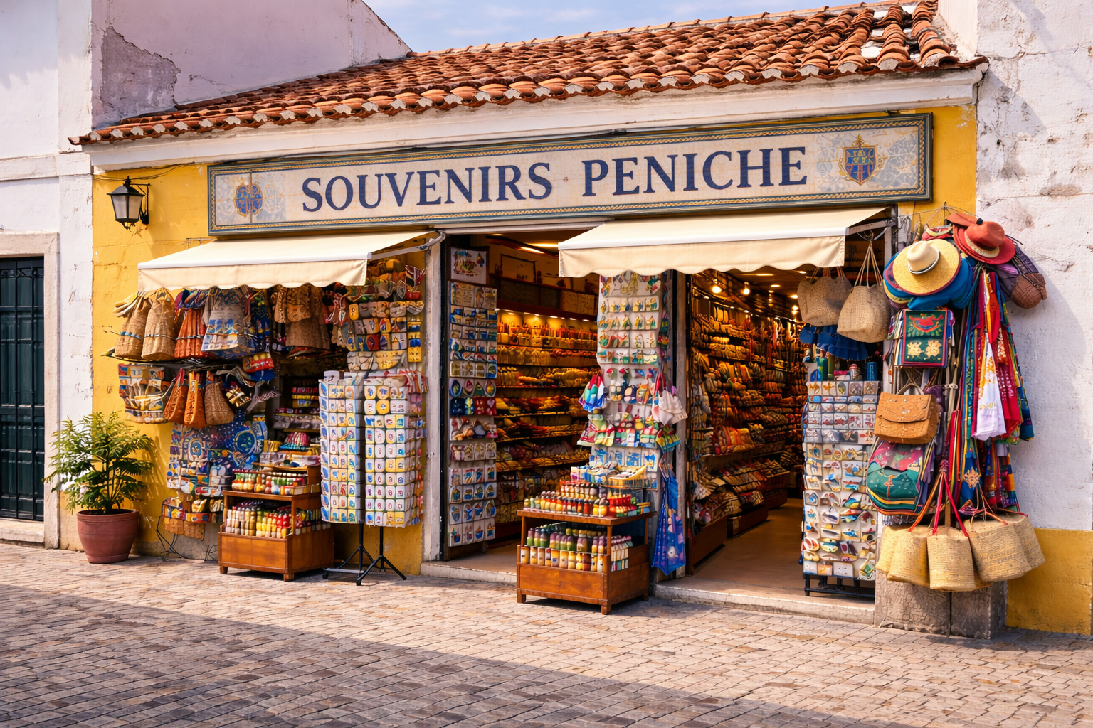 Außenansicht eines kleinen Souvenirgeschäfts in Peniche mit mediterraner gelber Fassade und Terrakotta-Dachziegeln. Unter einer Markise sind Postkartenständer und Regale mit Magneten, Keramik und maritimen Andenken aufgebaut, daneben hängen Korktaschen, Strohhüte und bunte Textilien; davor liegt eine gepflasterte Straße im warmen Tageslicht.