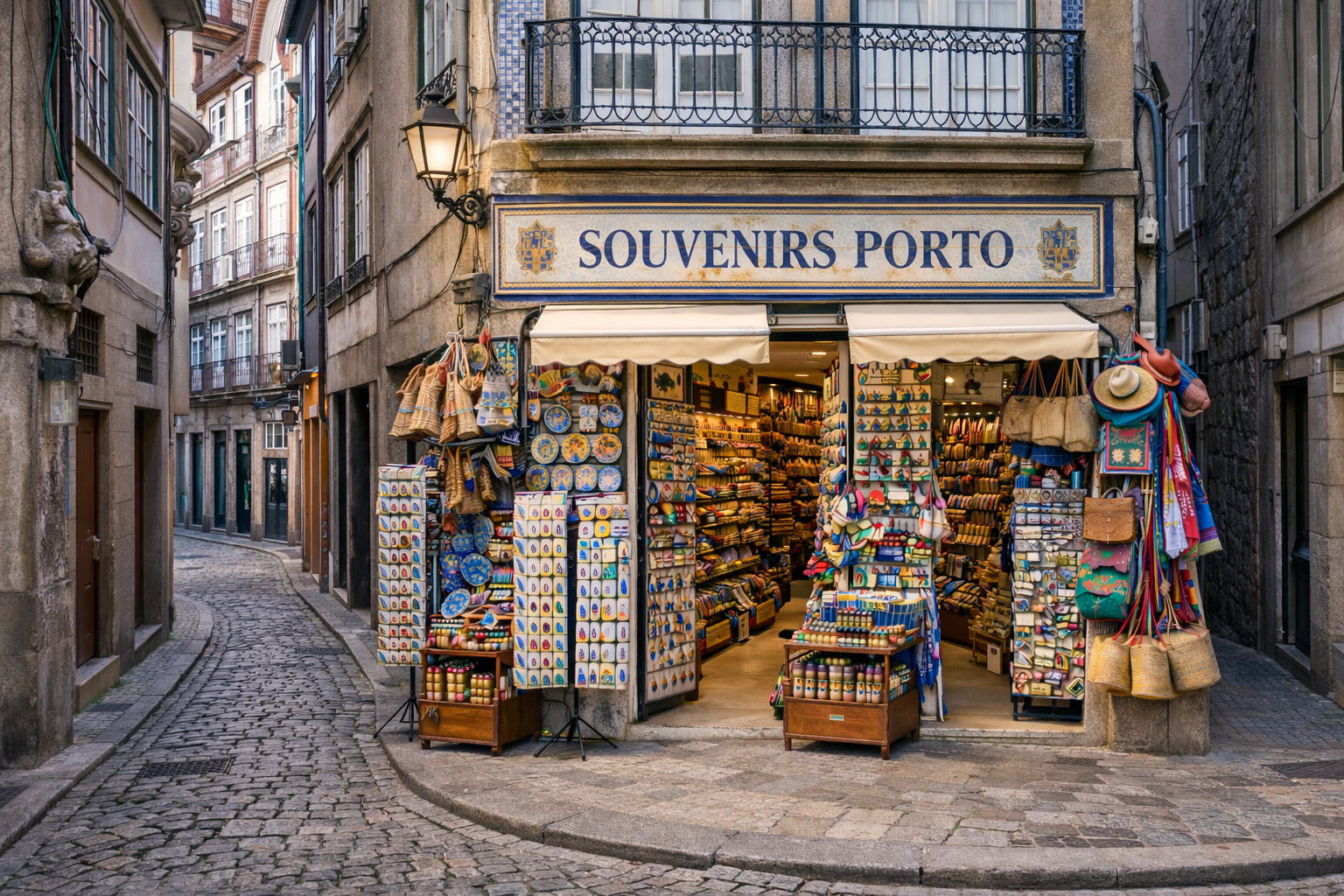 Außenansicht eines Souvenirgeschäfts in der Altstadt von Porto als Eckhaus an einer schmalen Kopfsteinpflastergasse, umgeben von hohen Stein- und Putzfassaden. Über dem Eingang hängt ein großes Ladenschild, daneben sind blau-weiße Kacheln zu sehen; vor der Tür stehen Postkartenständer und Auslagen mit typischen Portugal-Souvenirs wie Keramik, Korkwaren, Taschen und Magneten, während die Gasse links am Gebäude entlangführt.