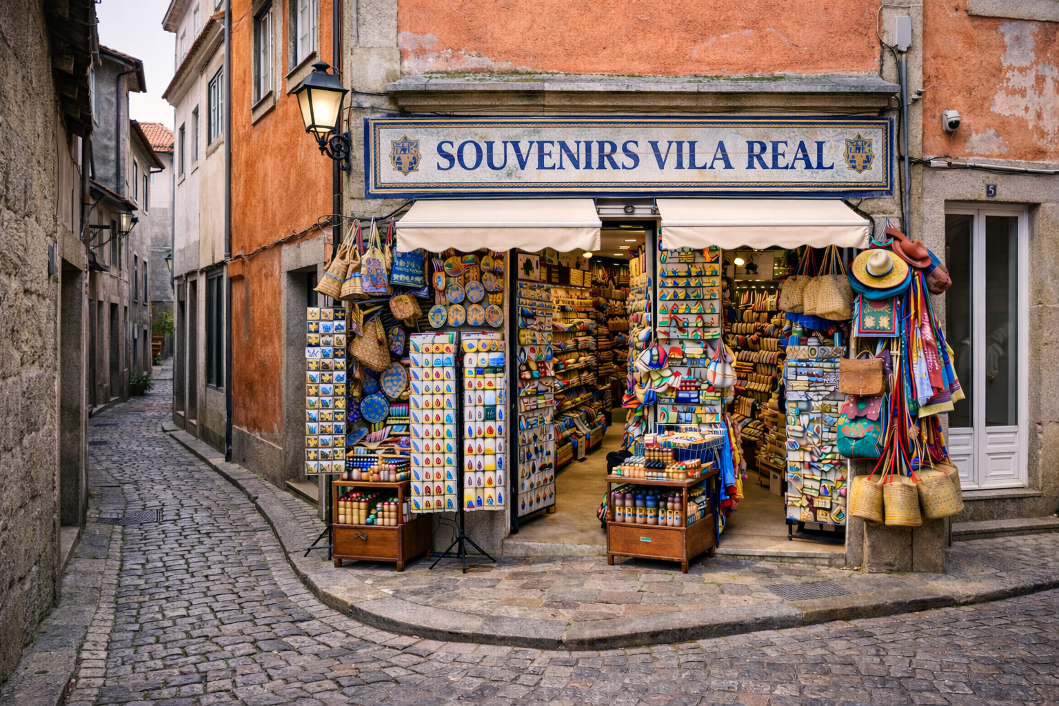 Außenansicht eines Souvenirgeschäfts in der Altstadt von Vila Real als Eckhaus mit orangefarbenem Putz an einer schmalen Kopfsteinpflastergasse. Über dem Eingang hängt ein großes Ladenschild und eine Markise, daneben sitzt eine historische Wandlaterne; vor der Tür stehen Postkartenständer und Auslagen mit typischen Portugal-Souvenirs wie Keramik, Korkwaren, Taschen, Magneten und bunten Textilien, während die Gasse links am Eckhaus entlangführt.