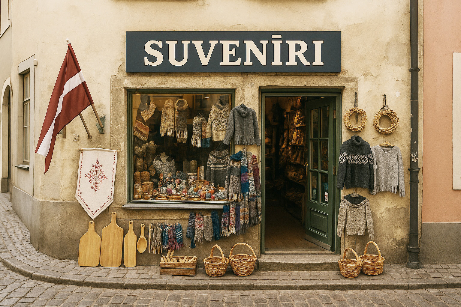 Souvenirgeschäft in der Altstadt von Riga mit lettischen Flaggen, Strickwaren, Körben und traditionellen Handarbeiten an einer Kopfsteinpflasterstraße.