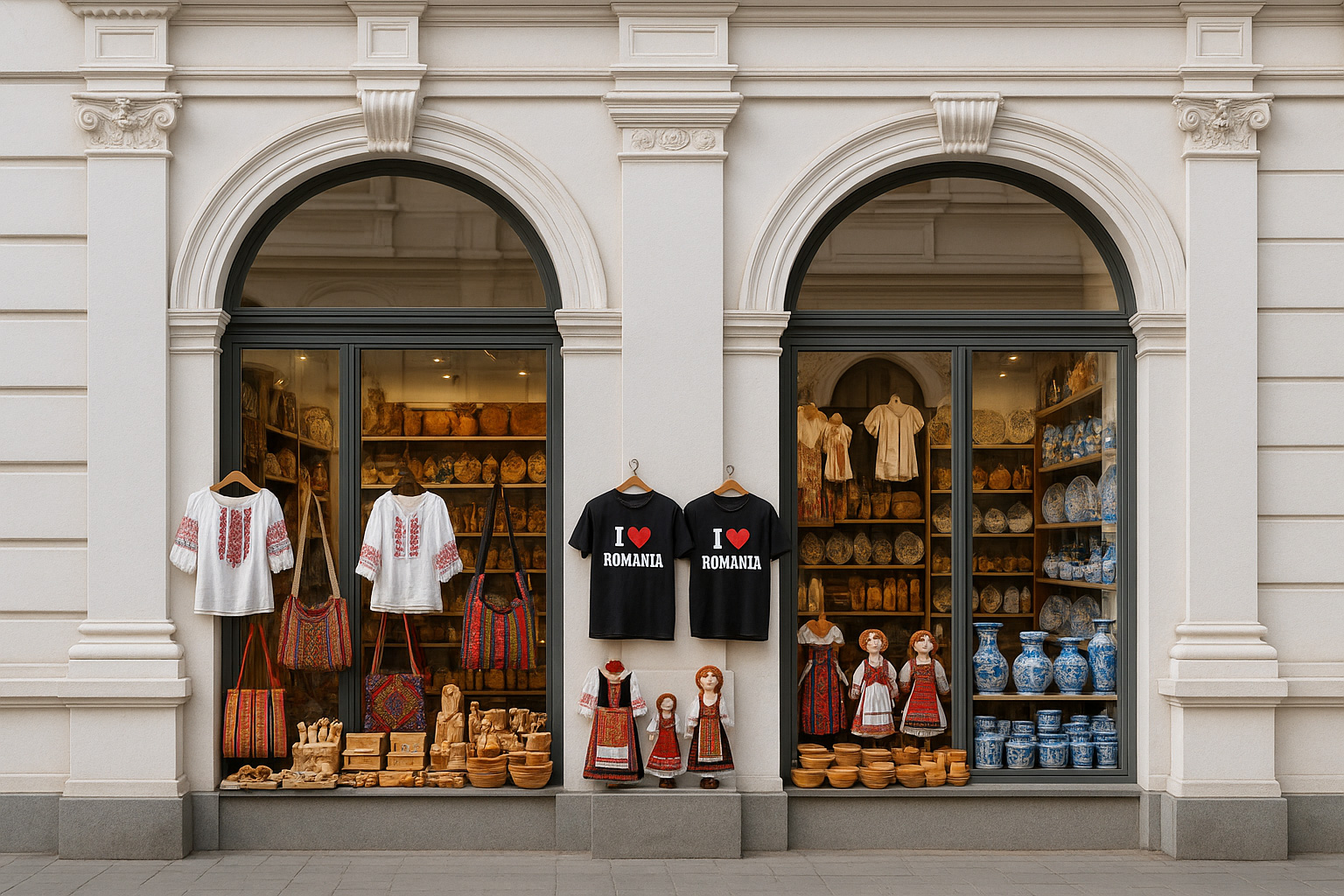 Souvenirgeschäft in der Altstadt von Arad in einem weißen neoklassischen Gebäude mit T-Shirts 