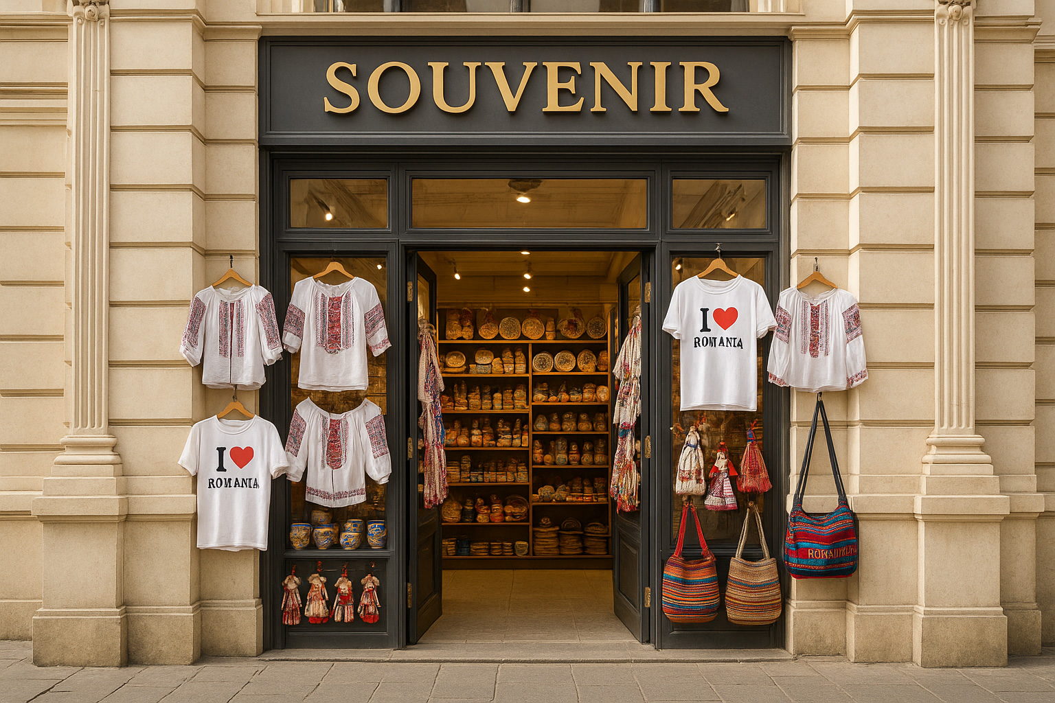 Souvenirgeschäft in Bukarest mit neoklassizistischer Fassade, T-Shirts 