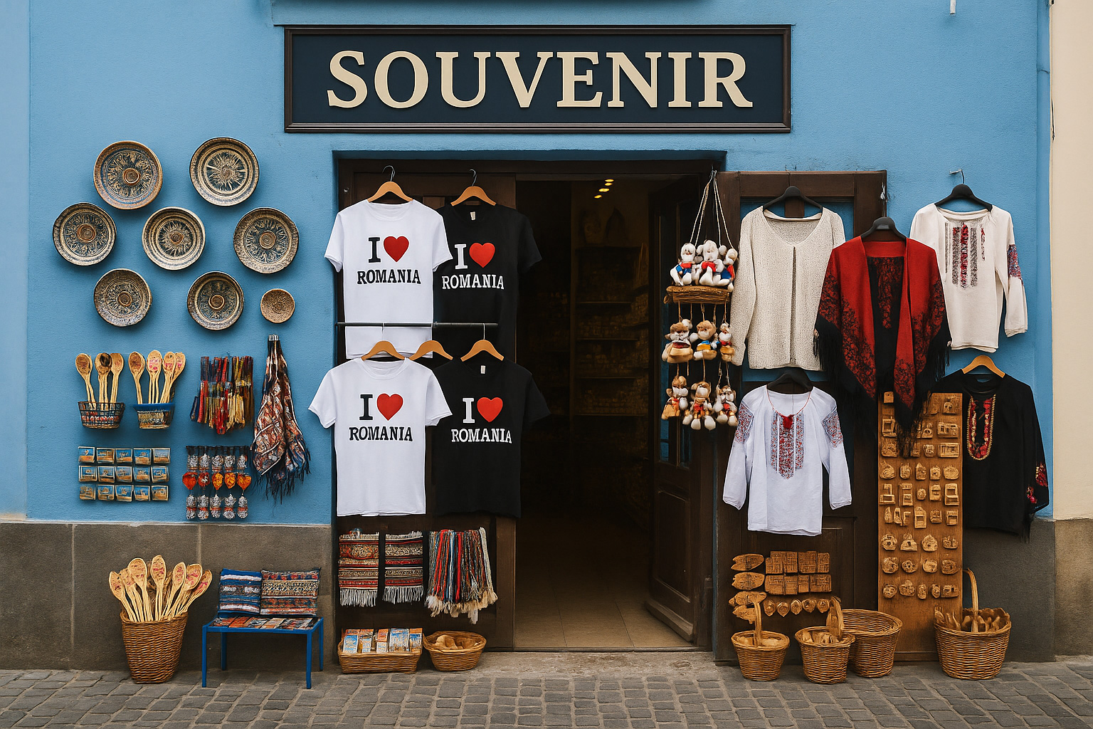 Souvenirgeschäft in der Altstadt von Cluj-Napoca mit blauer Fassade, rumänischen Artikeln, T-Shirts 
