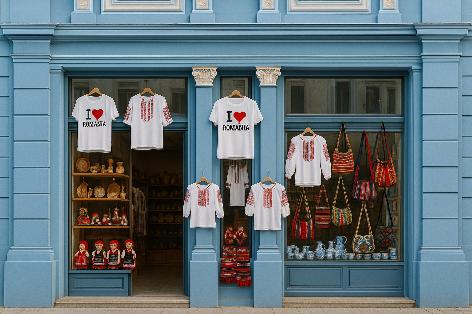 Souvenirgeschäft in der Altstadt von Craiova in einem blauen neoklassischen Gebäude mit T-Shirts 