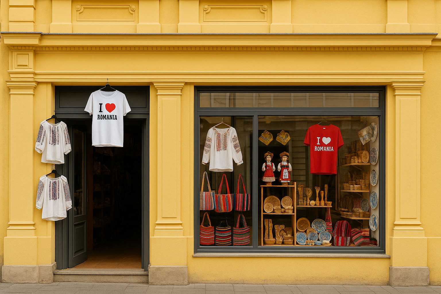 Souvenirgeschäft in der Altstadt von Diemrich in einem gelben neoklassischen Gebäude mit T-Shirts 