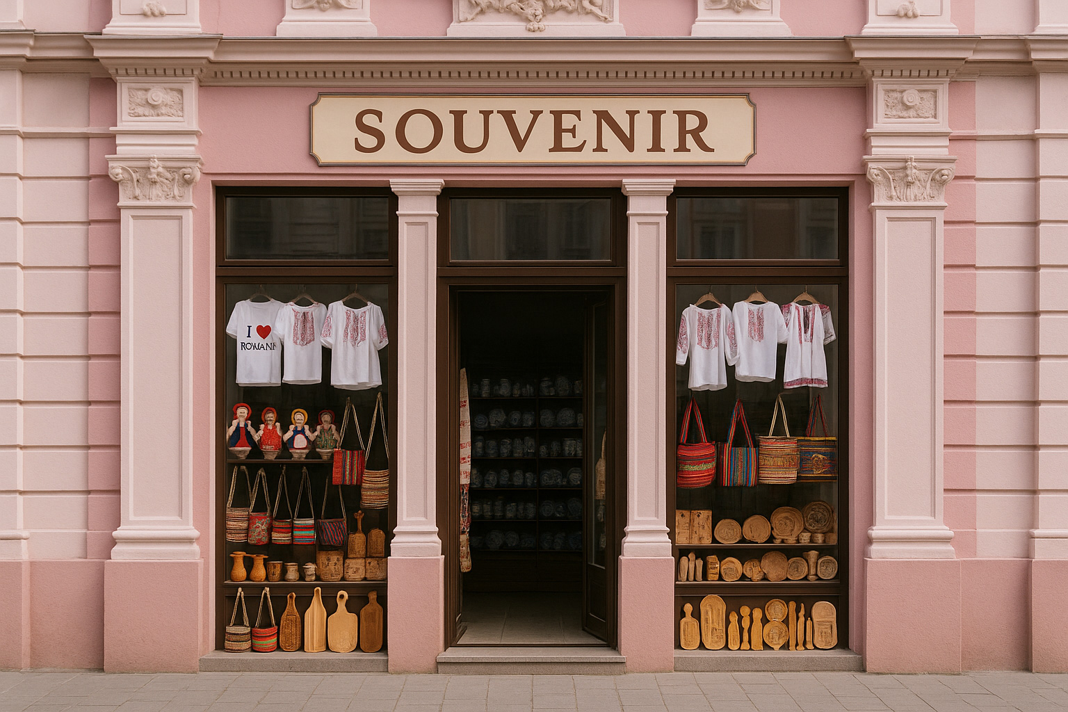 Souvenirgeschäft in der Altstadt von Lugosch in einem rosa neoklassischen Gebäude mit T-Shirts 