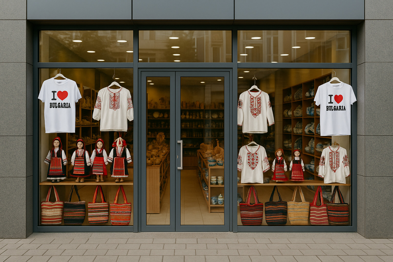 Souvenirgeschäft in Petroșani in modernem Gebäude mit Glasfassade, T-Shirts 