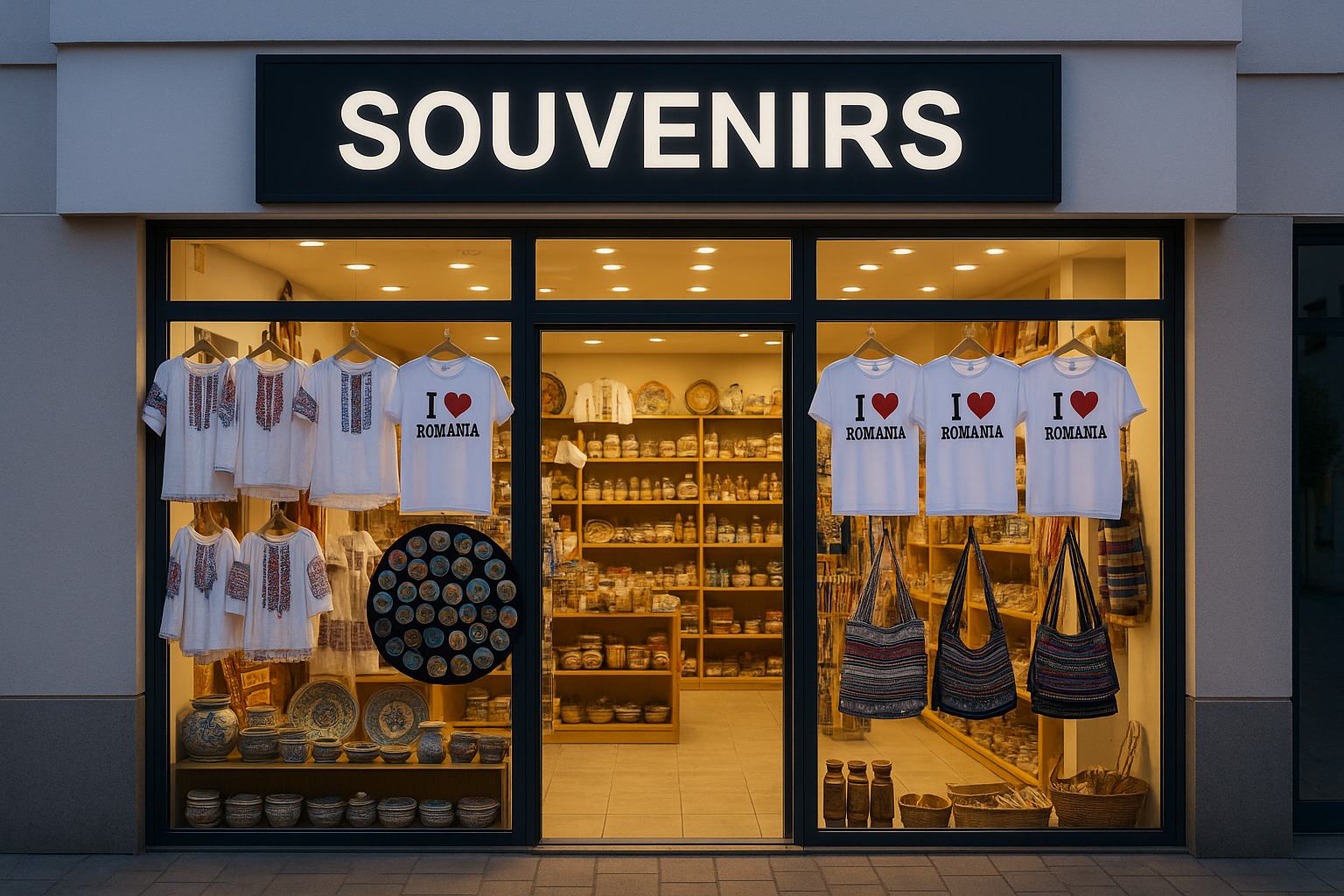 Modernes Souvenirgeschäft in Râmnicu Vâlcea mit großen Schaufenstern, beleuchtetem Innenraum, T-Shirts 