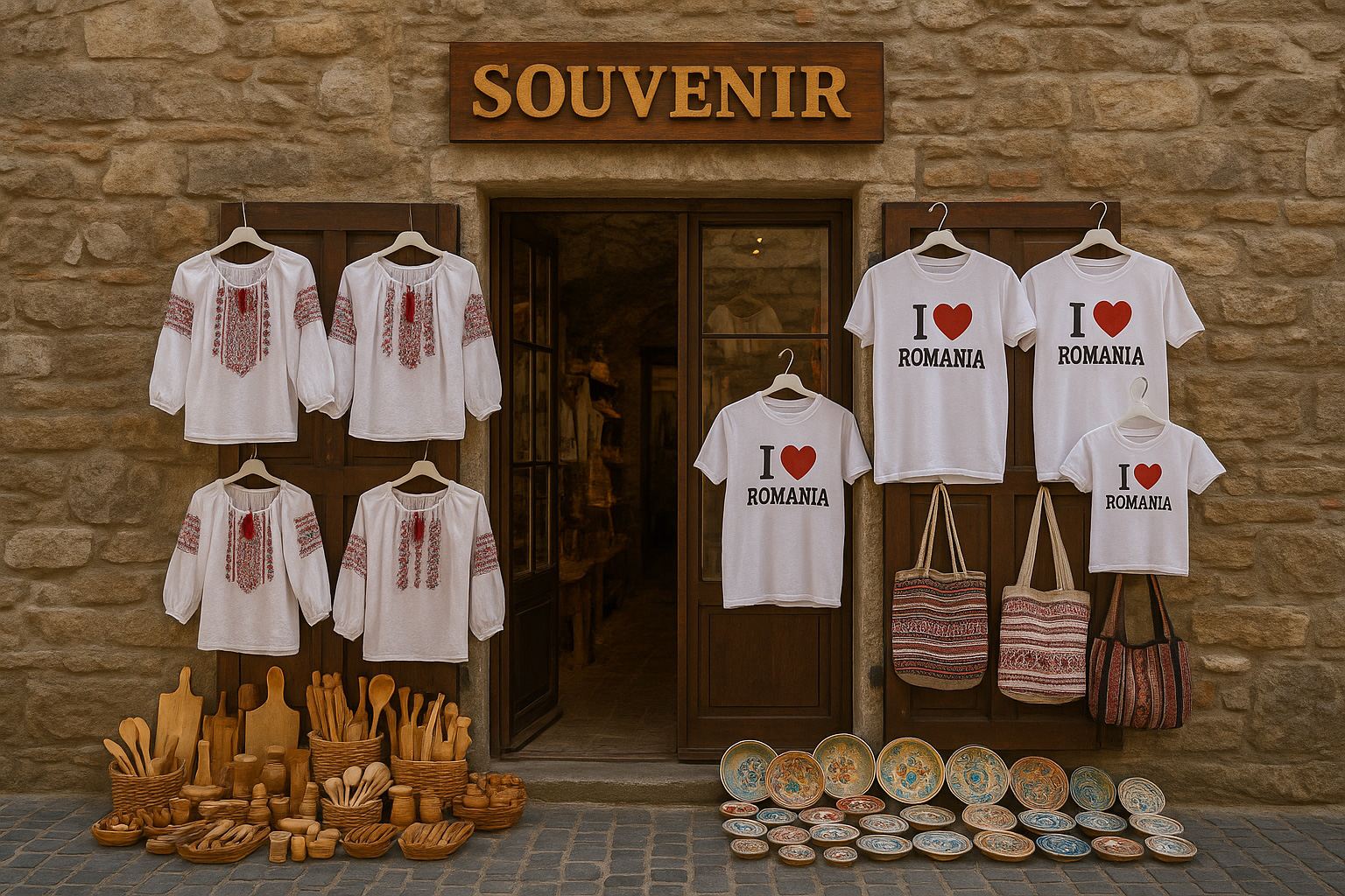 Souvenirgeschäft in der Altstadt von Sibiu mit Steinmauerwerk, T-Shirts „I ♥ Romania“, traditionellen Blusen, handgefertigten Holzwaren, Keramik und gewebten Taschen.