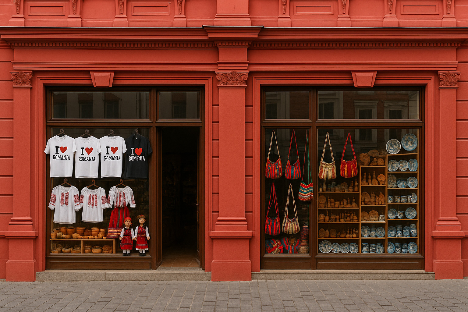 Souvenirgeschäft in der Altstadt von Târgu Jiu in einem roten neoklassischen Gebäude mit T-Shirts „I ♥ Romania“, traditionellen Blusen, Puppen in Tracht, bunten Taschen, Holzschnitzereien und bemalter Keramik.