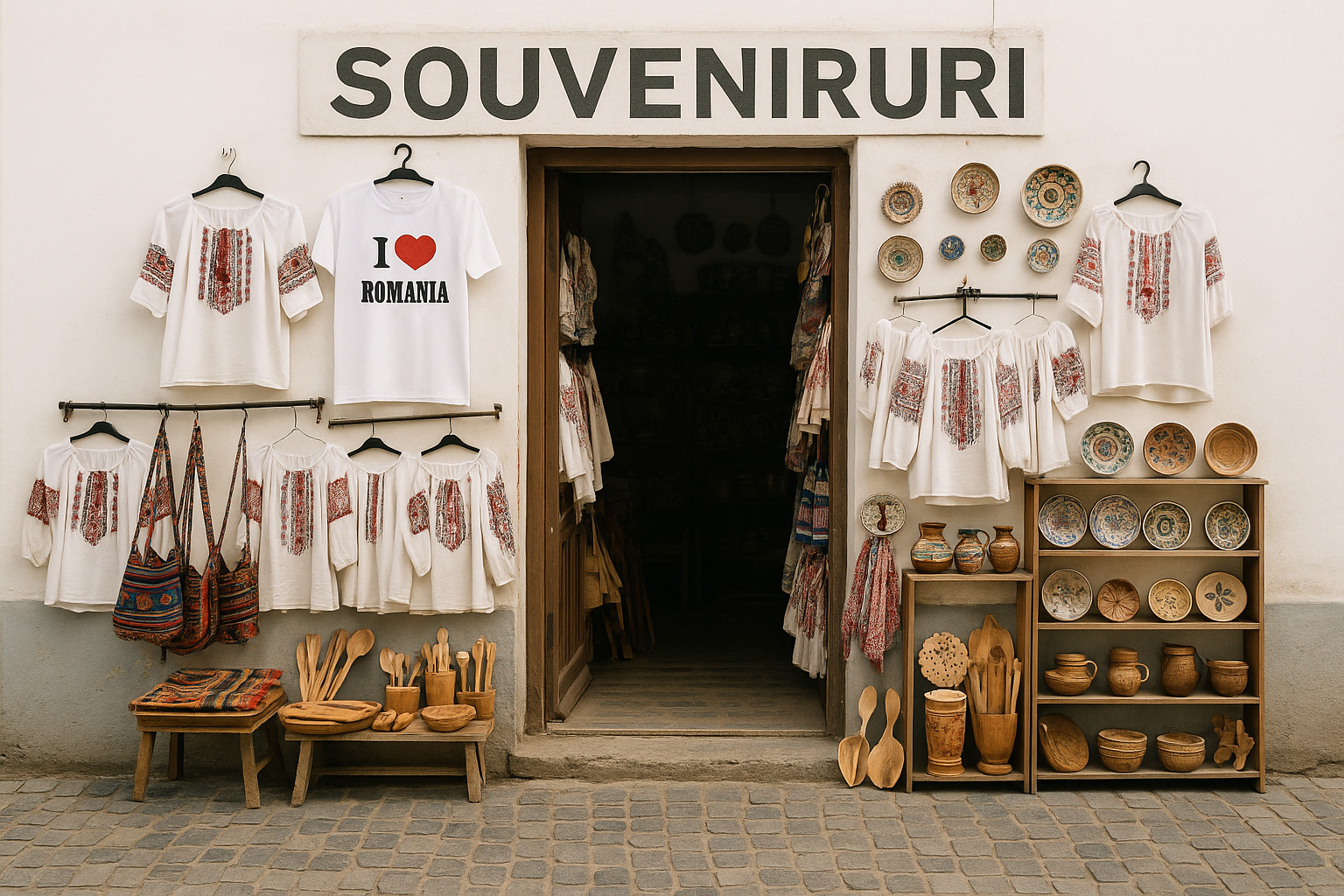 Souvenirgeschäft in Târnăveni mit weißer Fassade, rumänischen Blusen, T-Shirts „I ♥ Romania“, handgefertigten Holzwaren, Keramik und traditionellen Stofftaschen.