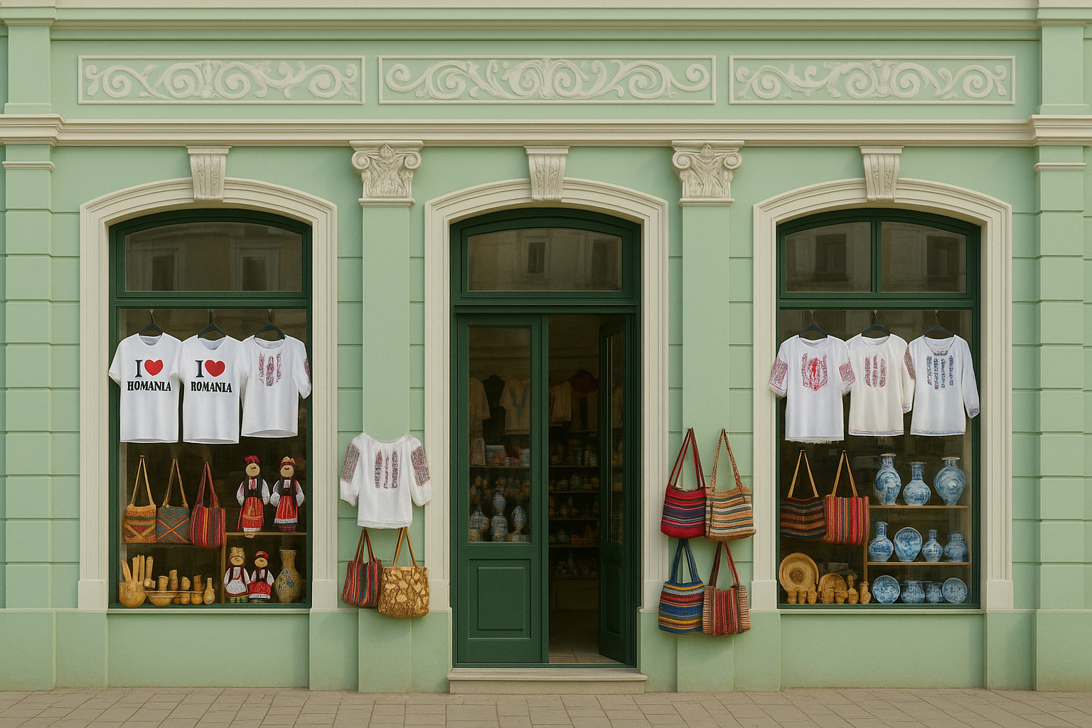 Souvenirgeschäft in der Altstadt von Timișoara in einem grünen neoklassischen Gebäude mit T-Shirts 
