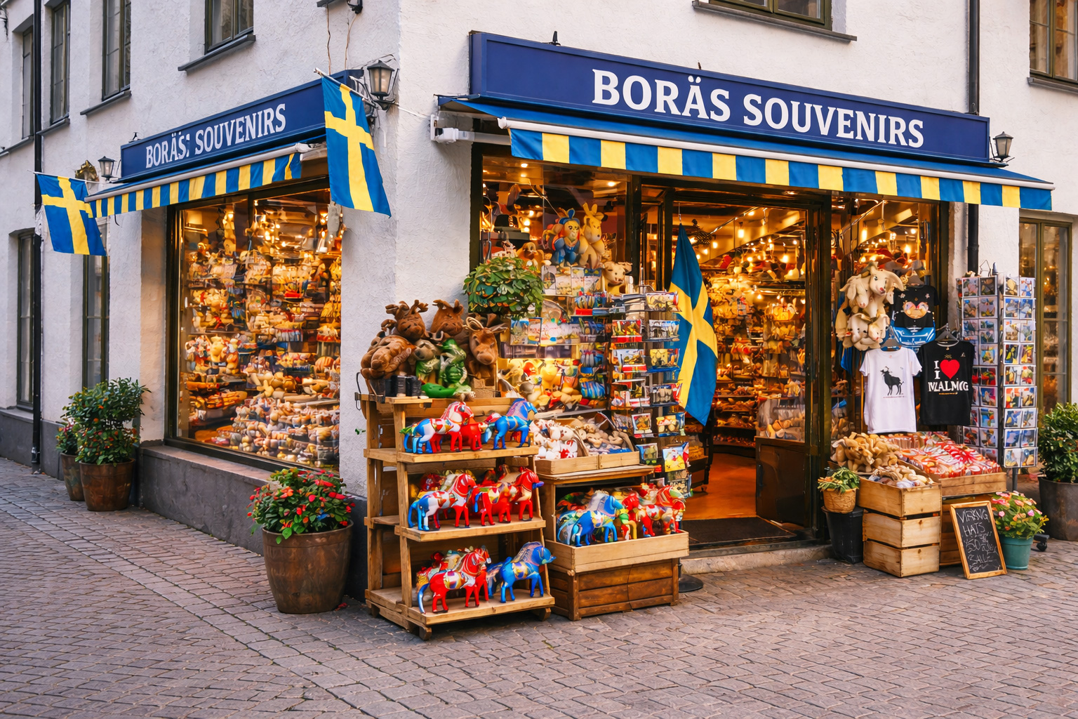 Seitliche Außenansicht eines Souvenirgeschäfts in Borås mit weiß verputztem Altbau an einer Kopfsteinstraße, blauem Vordach und großem Schild BORÅS SOUVENIRS über der Ecke, große Schaufenster mit warm beleuchtetem Innenraum, davor Auslagen mit bunten Dala-Pferden, Elch-Plüschtieren, Postkartenständern und Süßwaren, mehrere Pflanzkübel am Gehweg