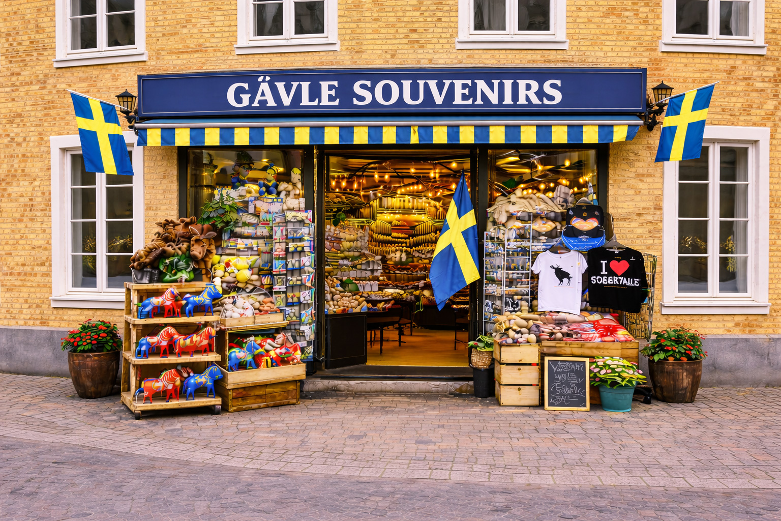 Außenansicht eines Souvenirgeschäfts in Gävle in einem Altbau aus gelbem Backstein mit weißen Fensterrahmen, blaues Vordach mit großem Schild GÄVLE SOUVENIRS, große Glasfront mit warm beleuchtetem Innenraum, davor Auslagen mit bunten Dala-Pferden, Elch-Plüschtieren, Postkartenständern, T-Shirts und Süßwaren, Pflanzkübel am Gehweg