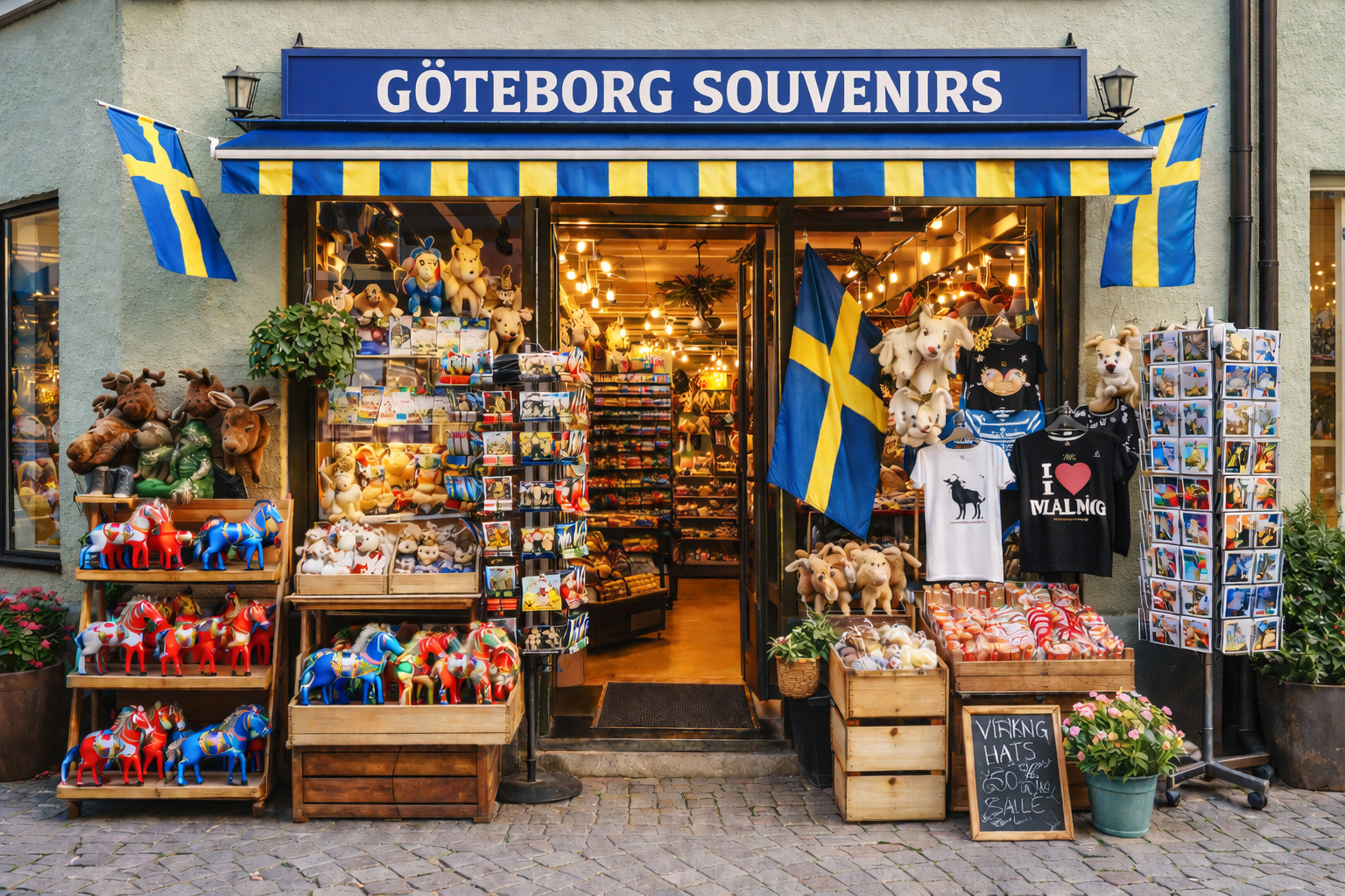 Außenansicht eines Souvenirgeschäfts in Göteborg in einem Altbau mit hellgrüner Putzfassade, blauem Vordach und großem Schild GÖTEBORG SOUVENIRS, davor Auslagen mit bunten Dala-Pferden, Elch-Plüschtieren, Postkartenständern, T-Shirts und Süßwaren, warm beleuchteter Ladeninnenraum mit Regalen und typischen Schwedenartikeln im Hintergrund