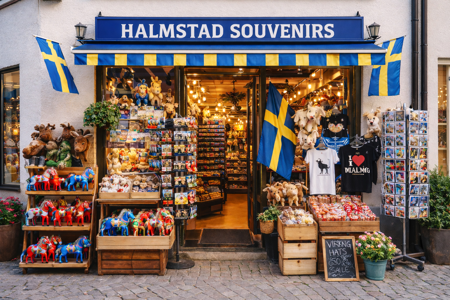 Außenansicht eines Souvenirgeschäfts in Halmstad mit moderner weiß verputzter Fassade, blauem Vordach und großem Schild HALMSTAD SOUVENIRS, davor Auslagen mit bunten Dala-Pferden, Elch-Plüschtieren, Postkartenständern, T-Shirts und Süßwaren, einladend beleuchteter Ladeninnenraum mit Regalen und typischen Schwedenartikeln im Hintergrund