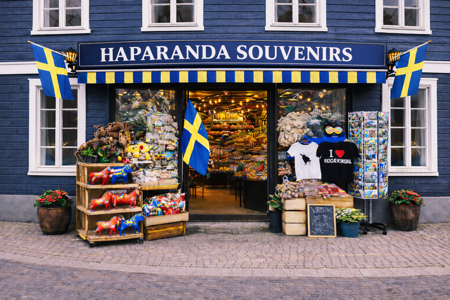 Außenansicht eines Souvenirgeschäfts in Haparanda mit dunkelblauer Holzfassade und weißen Fensterrahmen, blaues Vordach mit großem Schild HAPARANDA SOUVENIRS, große Glasfront mit warm beleuchtetem Innenraum, davor Auslagen mit bunten Dala-Pferden, Elch-Plüschtieren, Postkartenständern, T-Shirts und Süßwaren, Pflanzkübel am Gehweg