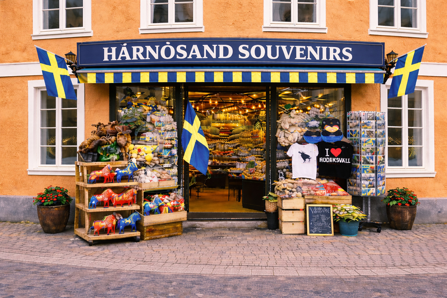 Außenansicht eines Souvenirgeschäfts in Härnösand in einem Altbau mit orangener Putzfassade und weißen Fensterrahmen, blaues Vordach mit großem Schild HÄRNÖSAND SOUVENIRS, große Glasfront mit warm beleuchtetem Innenraum, davor Auslagen mit bunten Dala-Pferden, Elch-Plüschtieren, Postkartenständern, T-Shirts und Süßwaren, Pflanzkübel am Gehweg
