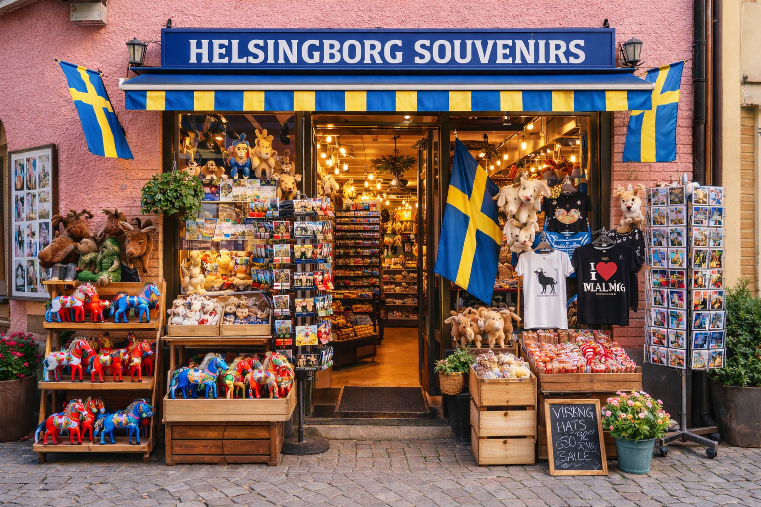 Außenansicht eines Souvenirgeschäfts in Helsingborg mit rosa Putzfassade, blauem Vordach und großem Schild HELSINGBORG SOUVENIRS, davor Auslagen mit bunten Dala-Pferden, Elch-Plüschtieren, Postkartenständern, T-Shirts und Süßwaren, warm beleuchteter Ladeninnenraum mit Regalen und typischen Schwedenartikeln im Hintergrund