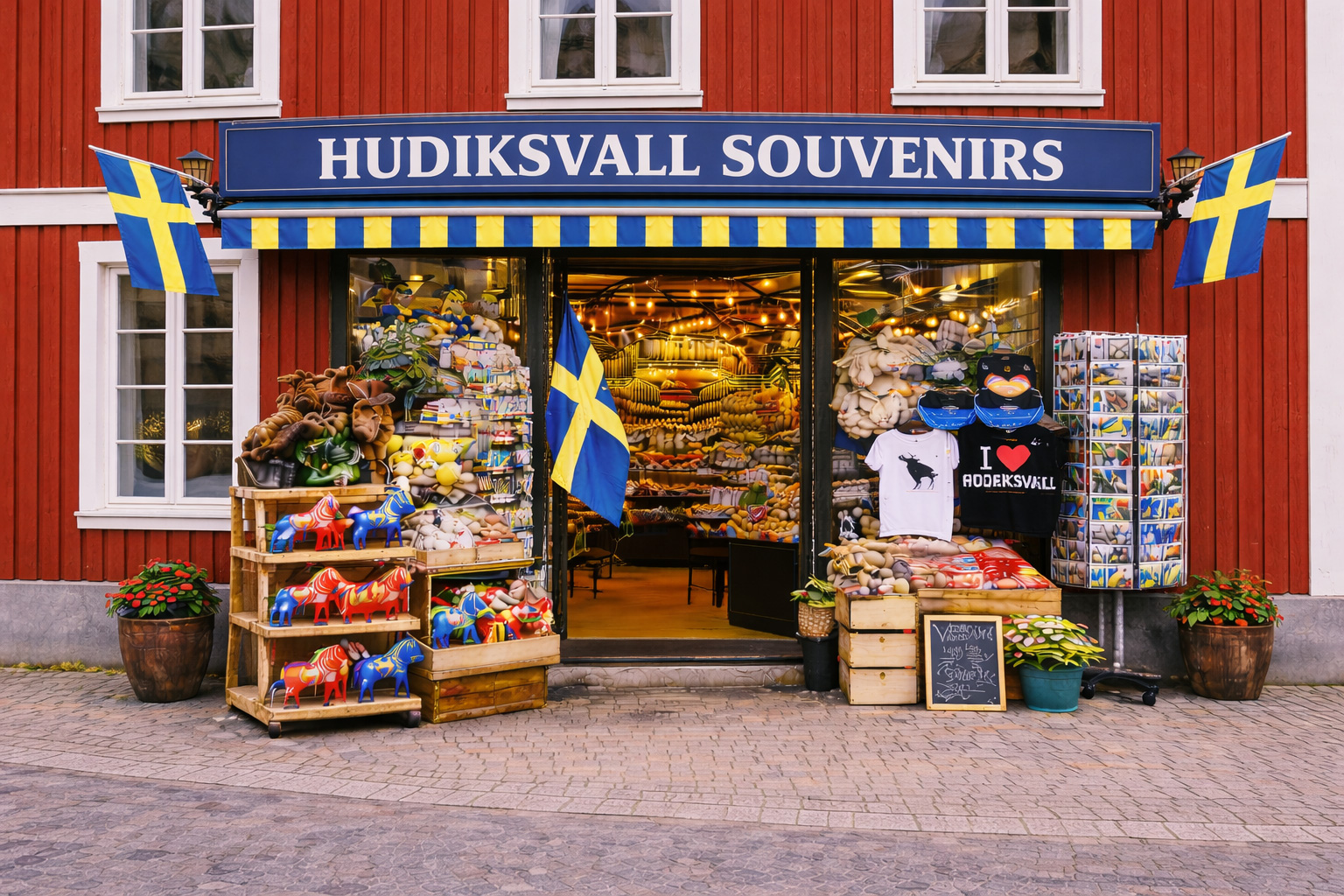 Außenansicht eines Souvenirgeschäfts in Hudiksvall mit roter Holzfassade und weißen Fensterrahmen, blaues Vordach mit großem Schild HUDIKSVALL SOUVENIRS, große Glasfront mit warm beleuchtetem Innenraum, davor Auslagen mit bunten Dala-Pferden, Elch-Plüschtieren, Postkartenständern, T-Shirts und Süßwaren, Pflanzkübel am Gehweg