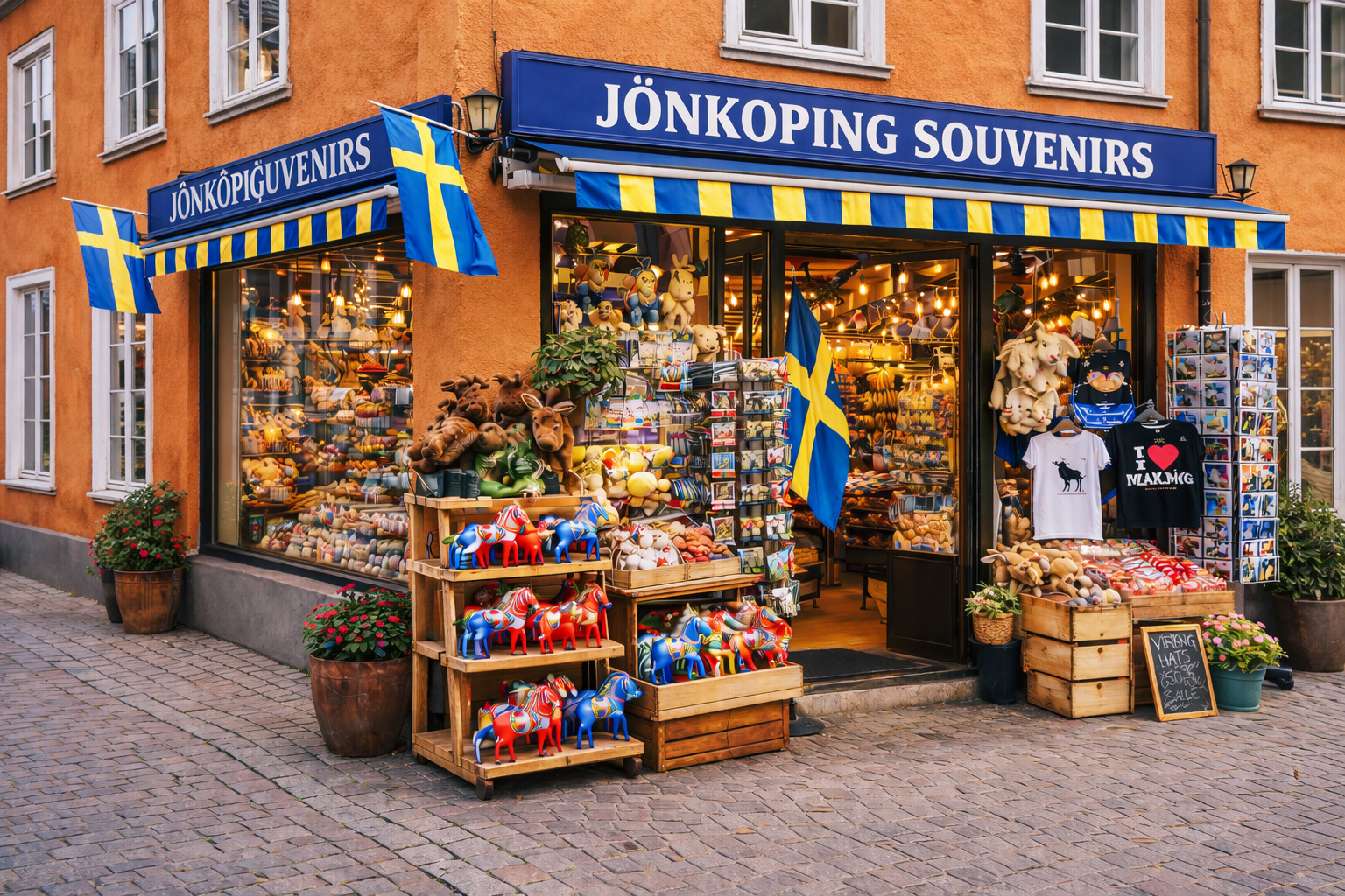 Außenansicht eines Souvenirgeschäfts in Jönköping an einer Kopfsteinstraße, Altbau mit orangener Putzfassade und weißen Fensterrahmen, blaues Vordach mit großem Schild JÖNKÖPING SOUVENIRS, große Schaufenster mit warm beleuchtetem Innenraum, davor Auslagen mit bunten Dala-Pferden, Elch-Plüschtieren, Postkartenständern, T-Shirts und Süßwaren, Pflanzenkübel am Gehweg