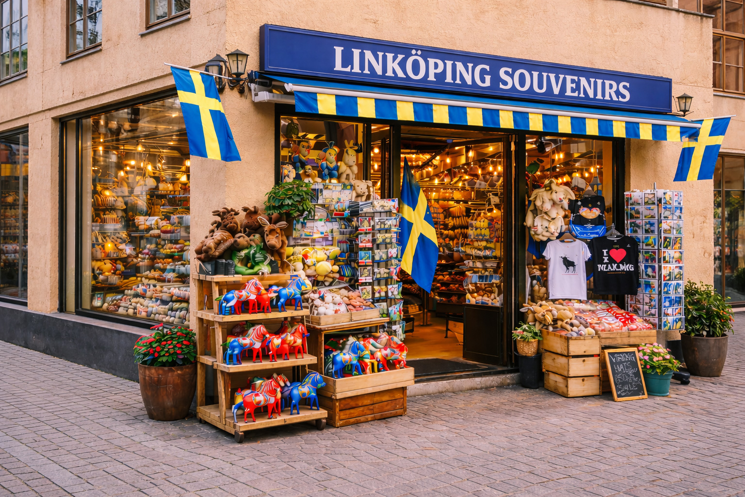 Außenansicht eines Souvenirgeschäfts in Linköping mit moderner hellbrauner Putzfassade, großen Glasfenstern und blauem Vordach mit großem Schild LINKÖPING SOUVENIRS, davor Auslagen mit bunten Dala-Pferden, Elch-Plüschtieren, Postkartenständern, T-Shirts und Süßwaren, warm beleuchteter Ladeninnenraum mit Regalen und typischen Schwedenartikeln im Hintergrund