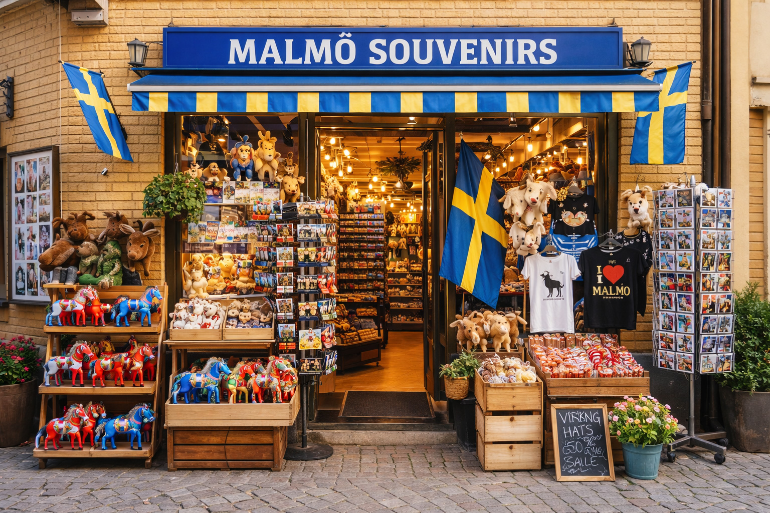 Außenansicht eines Souvenirgeschäfts in Malmö mit gelber Backsteinfassade, blauem Vordach und großem Schild MALMÖ SOUVENIRS, davor Auslagen mit bunten Dala-Pferden, Elch-Plüschtieren, Postkartenständern, T-Shirts und Süßwaren im Schaufenster, warm beleuchteter Ladeninnenraum im Hintergrund