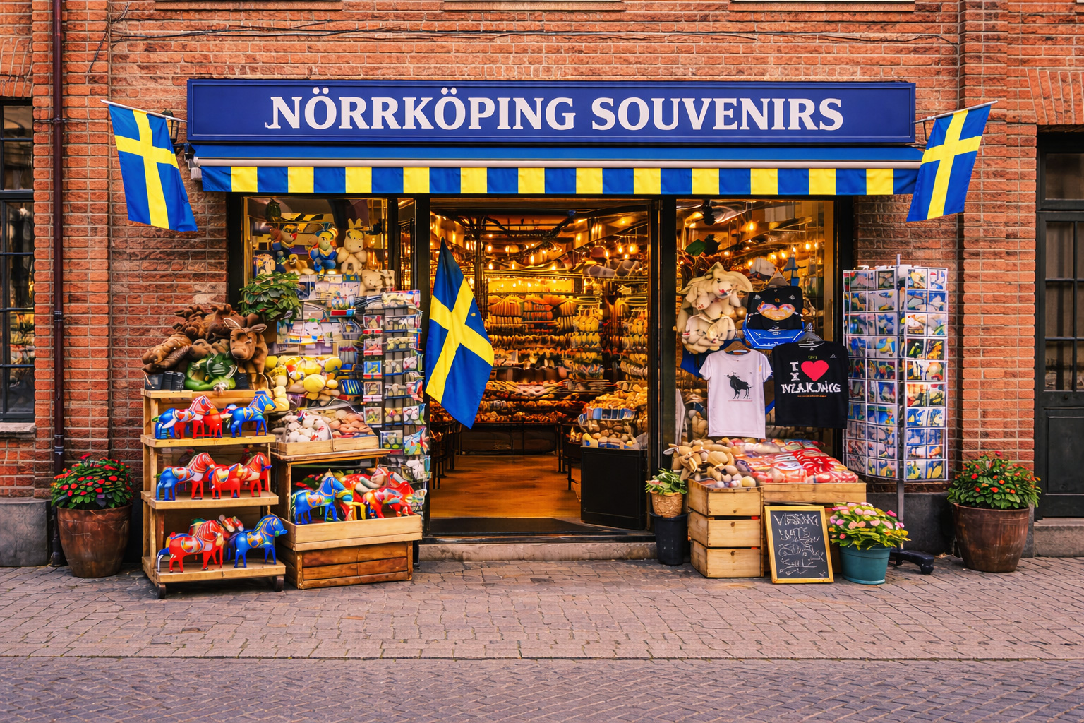 Außenansicht eines Souvenirgeschäfts in Norrköping in einem Industriealtbau aus rotem Backstein, blaues Vordach mit großem Schild NORRKÖPING SOUVENIRS, große Glasfront mit warm beleuchtetem Innenraum, davor Auslagen mit bunten Dala-Pferden, Elch-Plüschtieren, Postkartenständern, T-Shirts und Süßwaren, Pflanzkübel am Gehweg