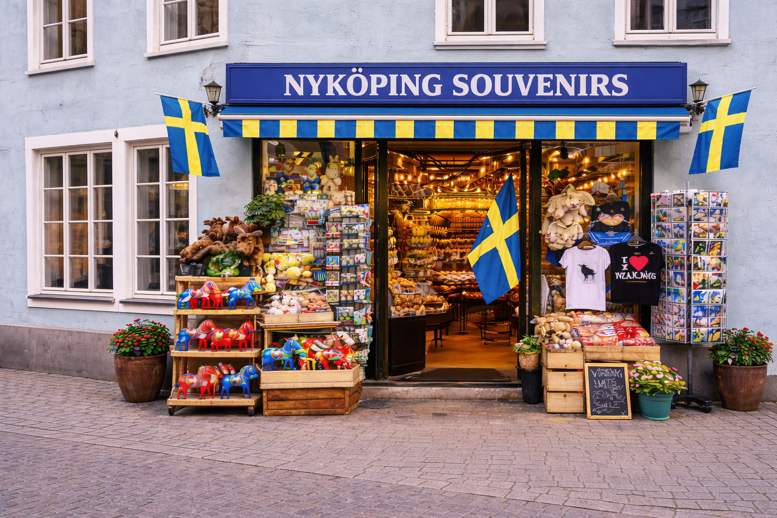 Außenansicht eines Souvenirgeschäfts in Nyköping in einem Altbau mit hellblauer Putzfassade und weißen Fensterrahmen, blaues Vordach mit großem Schild NYKÖPING SOUVENIRS, große Glasfront mit warm beleuchtetem Innenraum, davor Auslagen mit bunten Dala-Pferden, Elch-Plüschtieren, Postkartenständern, T-Shirts und Süßwaren, Pflanzkübel am Gehweg