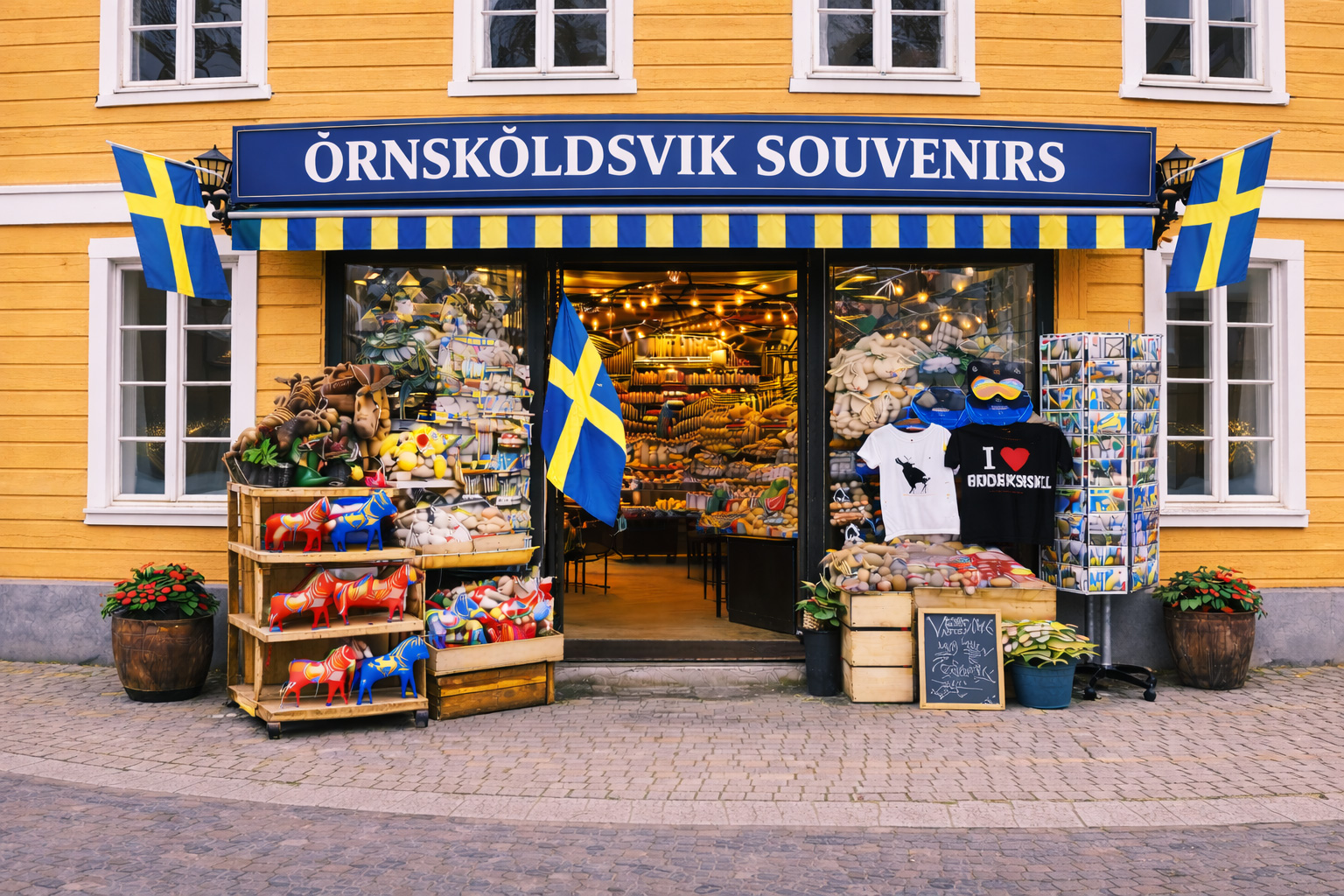 Außenansicht eines Souvenirgeschäfts in Örnsköldsvik mit gelber Holzfassade und weißen Fensterrahmen, blaues Vordach mit großem Schild ÖRNSKÖLDSVIK SOUVENIRS, große Glasfront mit warm beleuchtetem Innenraum, davor Auslagen mit bunten Dala-Pferden, Elch-Plüschtieren, Postkartenständern, T-Shirts und Süßwaren, Pflanzkübel am Gehweg