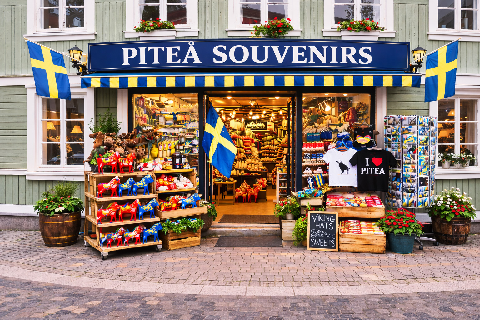Außenansicht eines Souvenirgeschäfts in Piteå mit hellgrüner Holzfassade und weißen Fensterrahmen, blaues Vordach mit großem Schild PITEÅ SOUVENIRS, große Glasfront mit warm beleuchtetem Innenraum, davor Auslagen mit bunten Dala-Pferden, Elch-Plüschtieren, Postkartenständern, T-Shirts und Süßwaren, Pflanzkübel am Gehweg