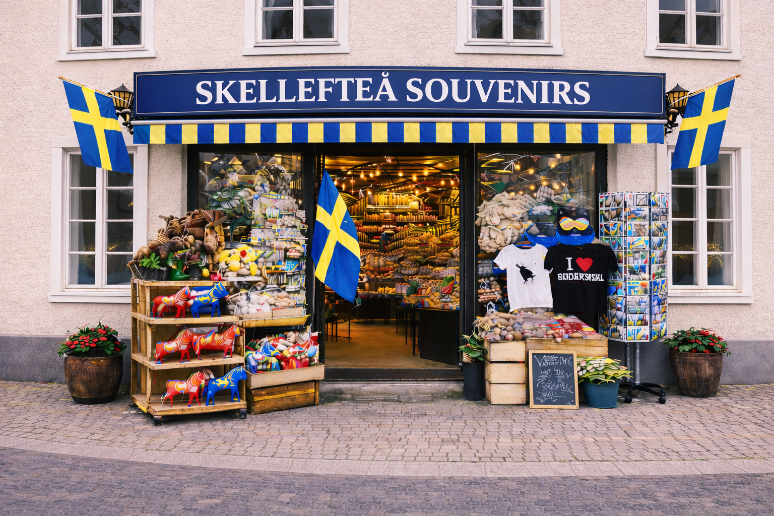 Außenansicht eines Souvenirgeschäfts in Skellefteå mit moderner heller Putzfassade, blaues Vordach mit großem Schild SKELLEFTEÅ SOUVENIRS, große Glasfront mit warm beleuchtetem Innenraum, davor Auslagen mit bunten Dala-Pferden, Elch-Plüschtieren, Postkartenständern, T-Shirts und Süßwaren, Pflanzkübel am Gehweg