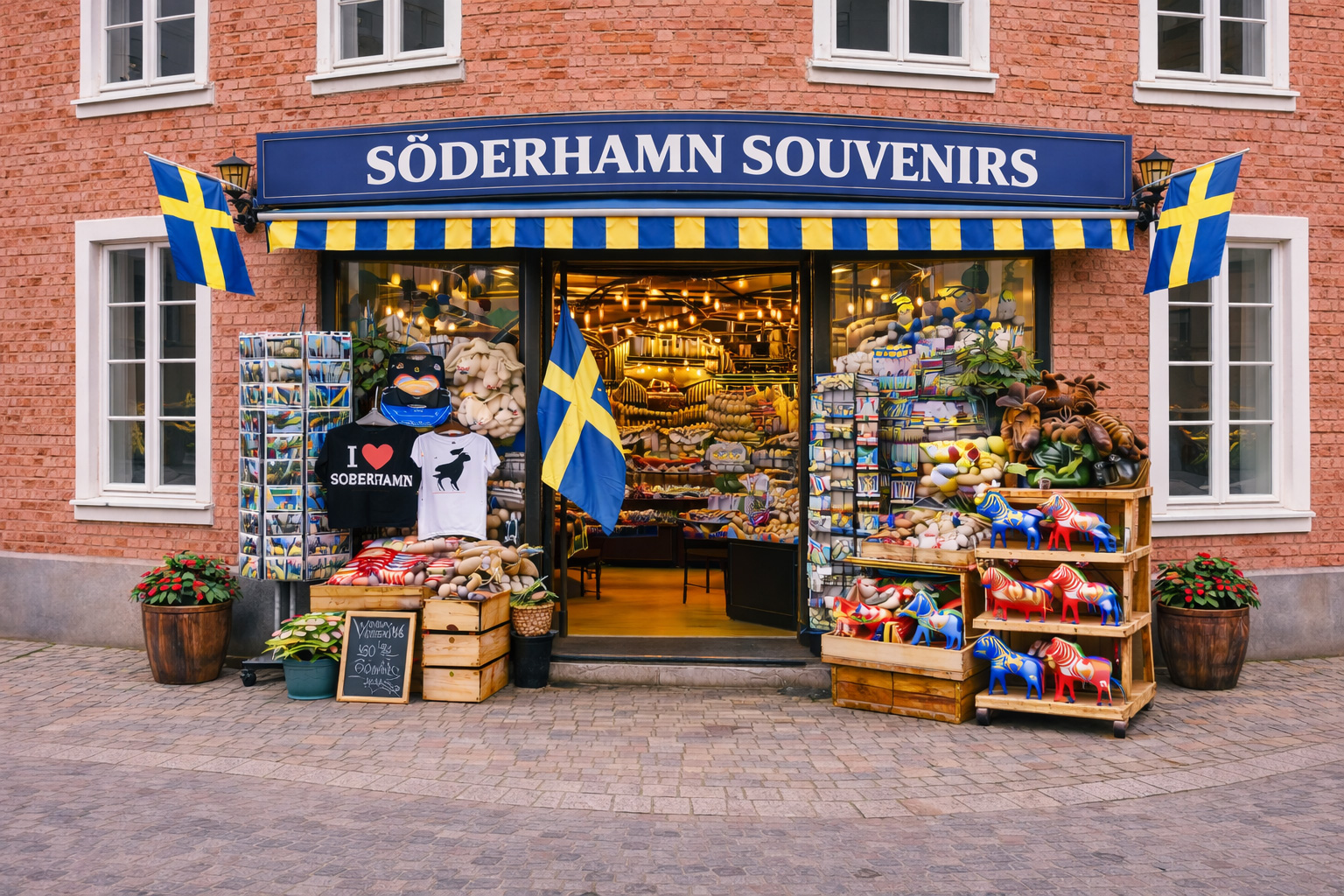 Außenansicht eines Souvenirgeschäfts in Söderhamn in einem Altbau aus hellrotem Backstein mit weißen Fensterrahmen, blaues Vordach mit großem Schild SÖDERHAMN SOUVENIRS, große Glasfront mit warm beleuchtetem Innenraum, davor Auslagen mit bunten Dala-Pferden, Elch-Plüschtieren, Postkartenständern, T-Shirts und Süßwaren, Pflanzkübel am Gehweg