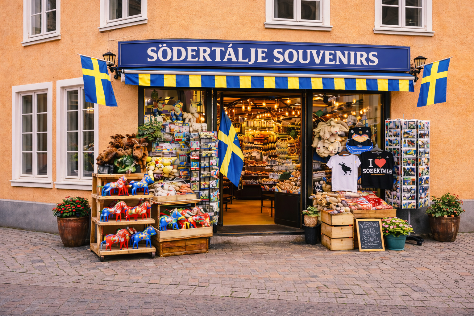 Außenansicht eines Souvenirgeschäfts in Södertälje in einem Altbau mit aprikotfarbener Putzfassade und weißen Fensterrahmen, blaues Vordach mit großem Schild SÖDERTÄLJE SOUVENIRS, große Glasfront mit warm beleuchtetem Innenraum, davor Auslagen mit bunten Dala-Pferden, Elch-Plüschtieren, Postkartenständern, T-Shirts und Süßwaren, Pflanzkübel am Gehweg