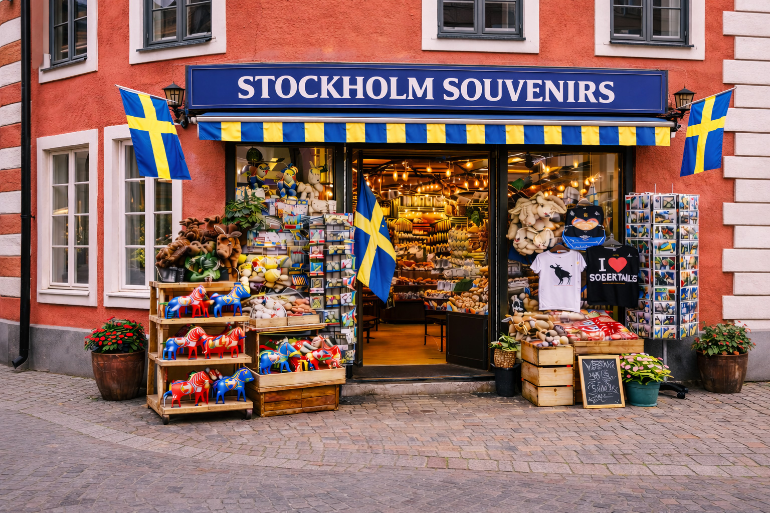 Außenansicht eines Souvenirgeschäfts in Stockholm in einem Altbau mit roter Putzfassade und weißen Ecksteinen, blaues Vordach mit großem Schild STOCKHOLM SOUVENIRS, große Glasfront mit warm beleuchtetem Innenraum, davor Auslagen mit bunten Dala-Pferden, Elch-Plüschtieren, Postkartenständern, T-Shirts und Süßwaren, Pflanzkübel am Gehweg