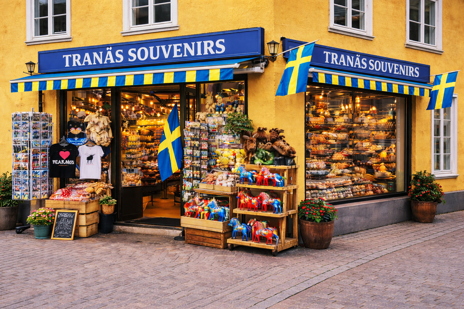 Außenansicht eines Souvenirgeschäfts in Tranås mit gelber Putzfassade und weißen Fensterrahmen, blauem Vordach und großem Schild TRANÅS SOUVENIRS, spiegelverkehrte Ansicht mit Eingang auf der linken Seite, große Schaufenster mit warm beleuchtetem Innenraum, davor Auslagen mit bunten Dala-Pferden, Elch-Plüschtieren, Postkartenständern und Süßwaren, Pflanzkübel am Gehweg