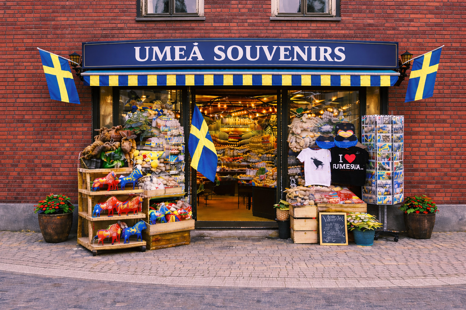 Außenansicht eines Souvenirgeschäfts in Umeå in einer modernen dunkelroten Backsteinfassade, blaues Vordach mit großem Schild UMEÅ SOUVENIRS, große Glasfront mit warm beleuchtetem Innenraum, davor Auslagen mit bunten Dala-Pferden, Elch-Plüschtieren, Postkartenständern, T-Shirts und Süßwaren, Pflanzkübel am Gehweg