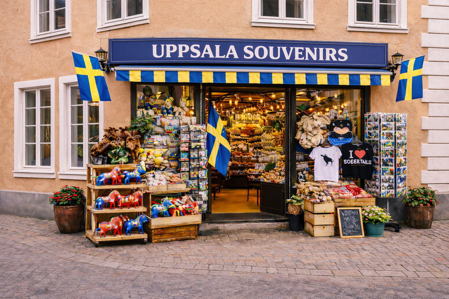 Außenansicht eines Souvenirgeschäfts in Uppsala in einem Altbau mit hellbrauner Putzfassade und weißen Fensterrahmen, blaues Vordach mit großem Schild UPPSALA SOUVENIRS, große Glasfront mit warm beleuchtetem Innenraum, davor Auslagen mit bunten Dala-Pferden, Elch-Plüschtieren, Postkartenständern, T-Shirts und Süßwaren, Pflanzkübel am Gehweg
