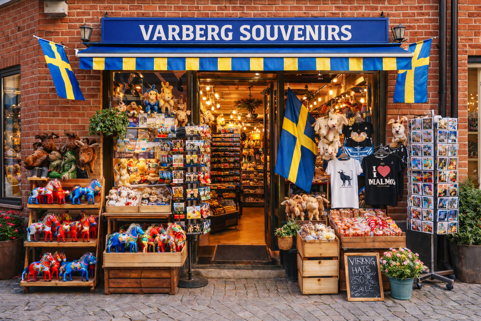 Außenansicht eines Souvenirgeschäfts in Varberg mit moderner roter Backsteinfassade, blauem Vordach und großem Schild VARBERG SOUVENIRS, davor Auslagen mit bunten Dala-Pferden, Elch-Plüschtieren, Postkartenständern, T-Shirts und Süßwaren, warm beleuchteter Ladeninnenraum mit Regalen und typischen Schwedenartikeln im Hintergrund