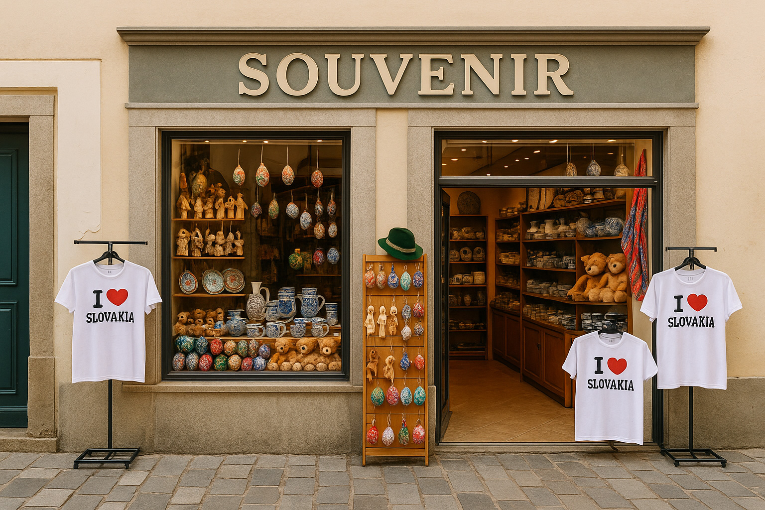 Souvenirgeschäft in der Altstadt von Bratislava, Slowakei, mit typischen Andenken wie handbemalten Ostereiern, Holzschnitzereien, Keramik, Teddybären sowie T-Shirts mit „I ♥ Slovakia“.