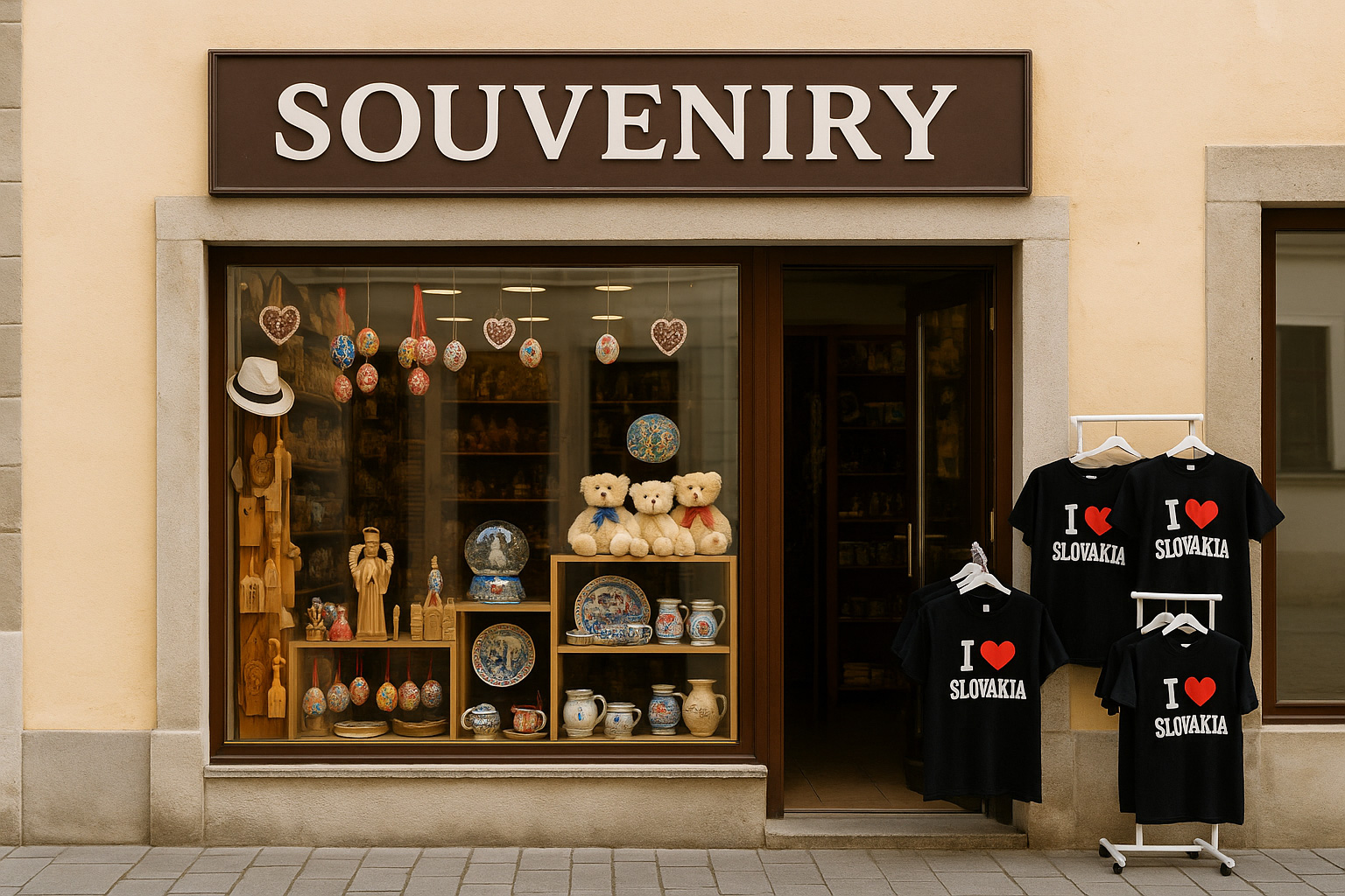 Souvenirgeschäft in der Altstadt von Nitra, Slowakei, mit typischen Andenken wie handbemalten Ostereiern, Holzschnitzereien, Keramik, Teddybären sowie T-Shirts mit „I ♥ Slovakia“ vor historischem Altstadthaus.