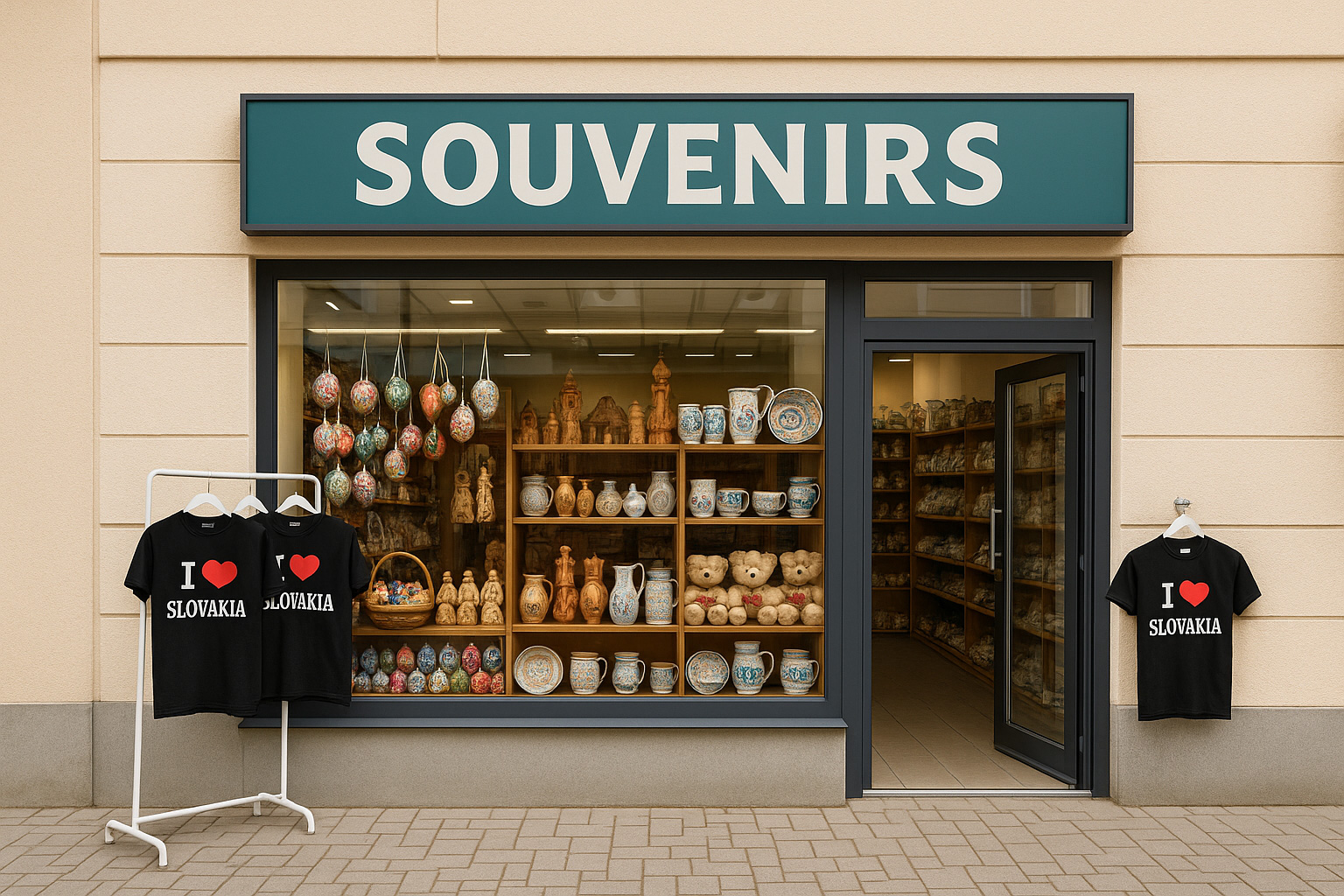 Souvenirgeschäft in der Kleinstadt Nové Zámky, Slowakei, mit typischen Andenken wie handbemalten Ostereiern, Holzschnitzereien, Keramik, Teddybären sowie T-Shirts mit „I ♥ Slovakia“ im Schaufenster.