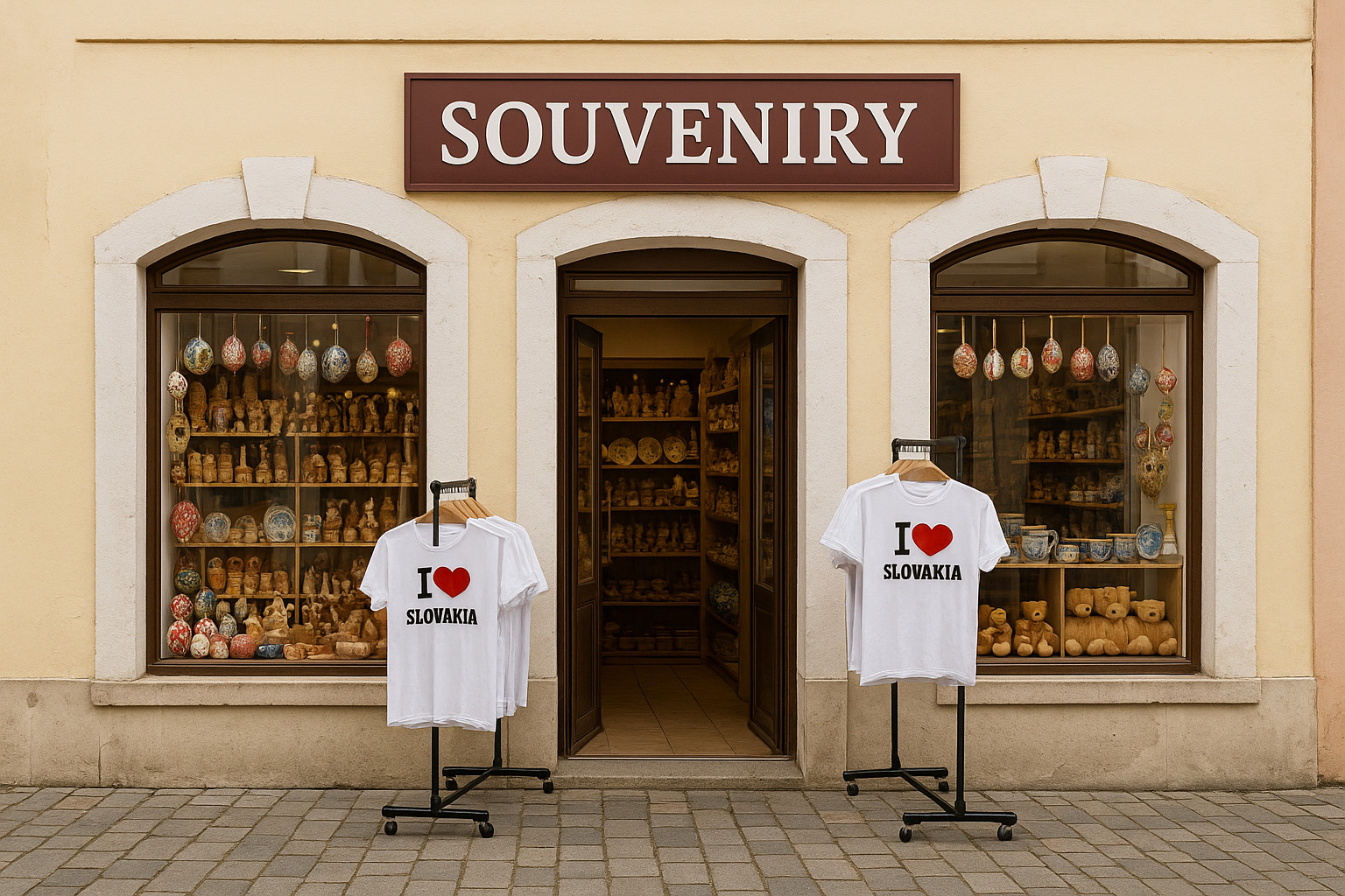 Souvenirgeschäft in der Altstadt von Trnava, Slowakei, mit typischen Andenken wie handbemalten Ostereiern, Holzschnitzereien, Keramik, Teddybären sowie T-Shirts mit „I ♥ Slovakia“ vor historischem Altstadthaus.