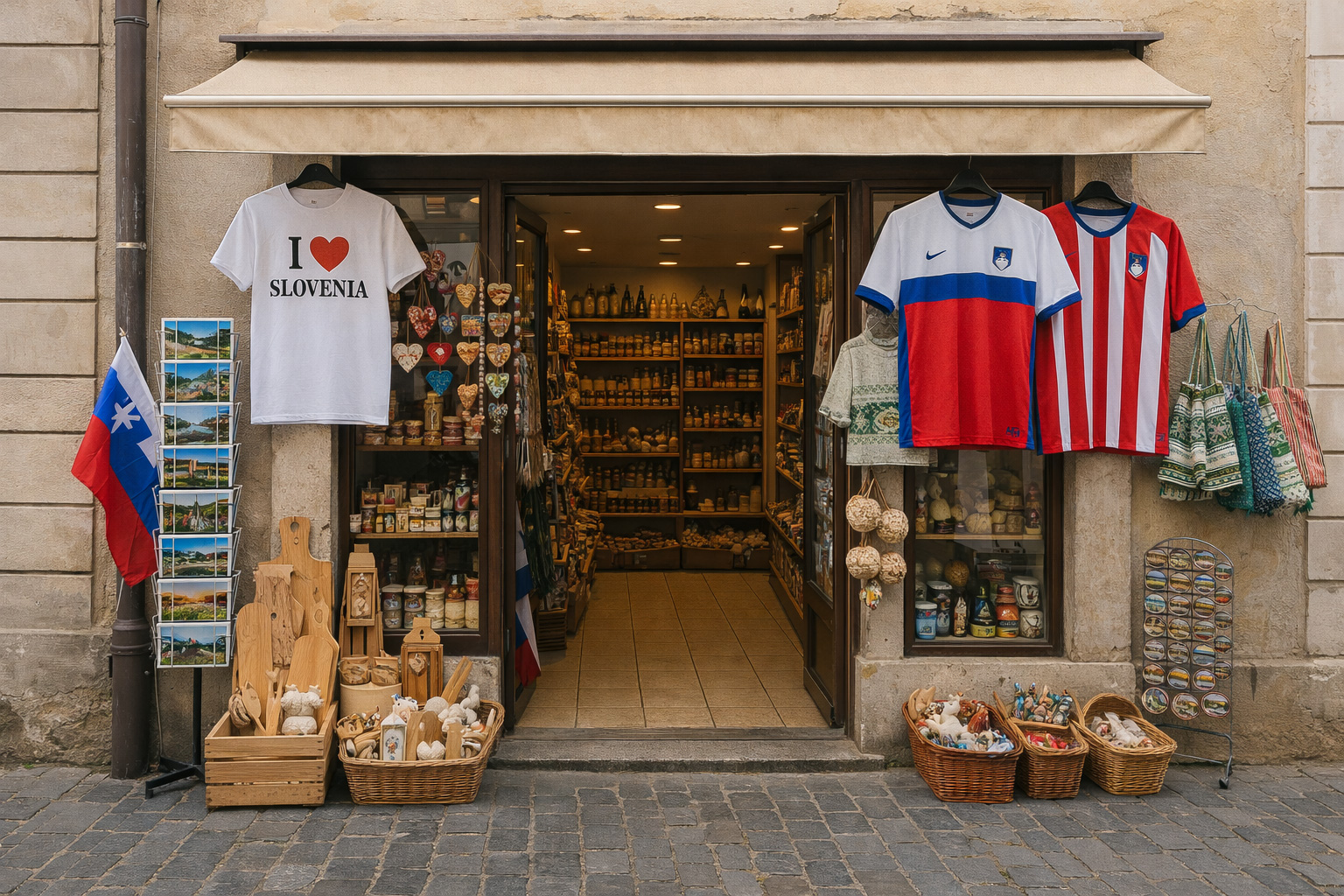 Außenansicht eines Souvenirgeschäfts in der Altstadt von Ljubljana mit T-Shirts 