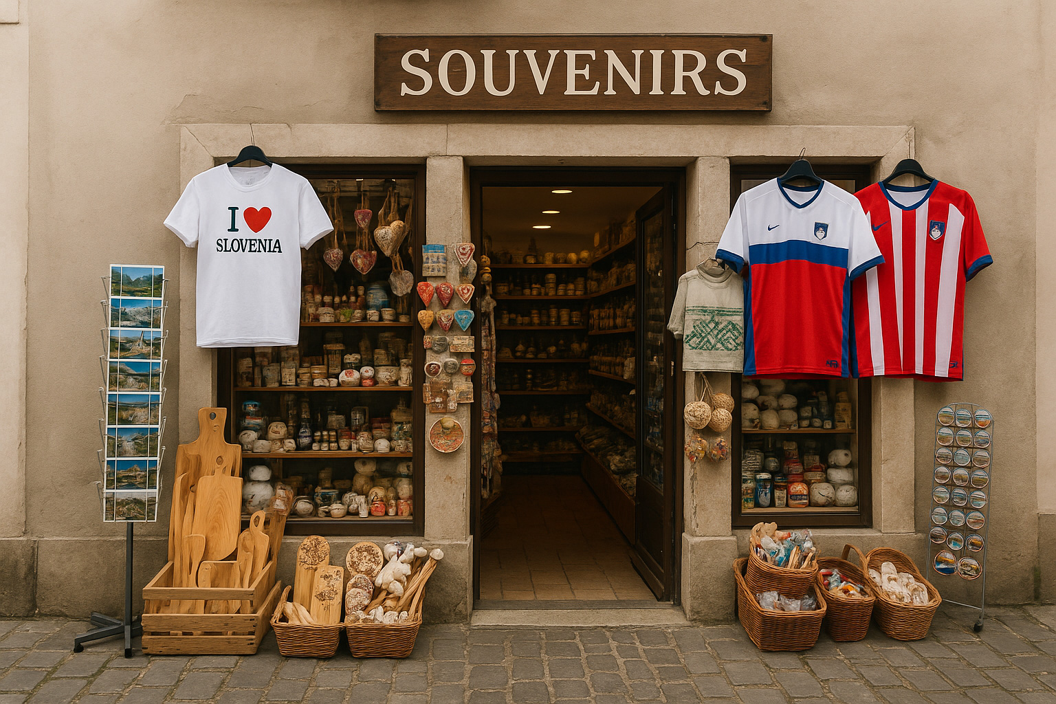Außenansicht eines Souvenirgeschäfts in der Altstadt von Novo mesto mit T-Shirts I ♥ Slovenia, slowenischen Fußballtrikots, Postkarten und traditionellen Holz- und Keramikartikeln.