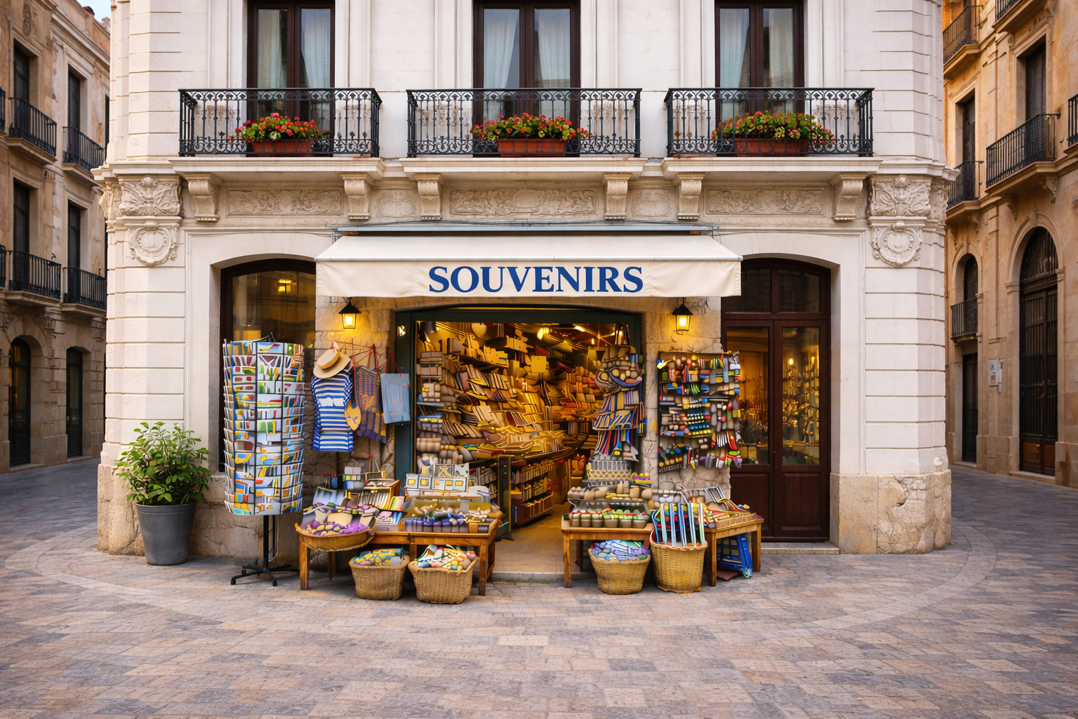 Außenansicht eines Souvenirgeschäfts in der Altstadt von Alicante in einem reich verzierten, weißen neoklassischen Gebäude mit dekorativen Stuckelementen und schmiedeeisernen Balkonen mit Blumenkästen. Unter einer hellen Markise mit dem Schriftzug SOUVENIRS ist der offene Eingang von Postkartenständern und Auslagetischen umgeben, auf denen Keramik, Fächer, Magneten und weitere typisch spanische Mitbringsel präsentiert werden.