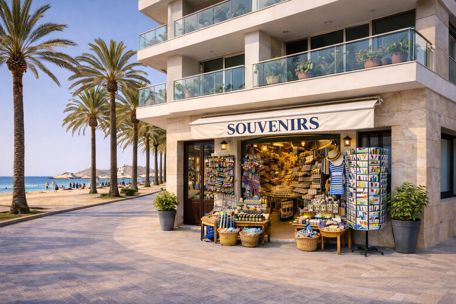 Außenansicht eines Souvenirgeschäfts in Almería an der Strandpromenade in einem modernen, kantigen Gebäude mit hellen Steinflächen und Glasbalkonen. Links verläuft der palmengesäumte Boulevard mit Blick auf Strand und Meer, während vor dem offenen Eingang Postkartenständer und Auslagetische mit Keramik, Strandartikeln und typischen Urlaubsmitbringseln stehen.