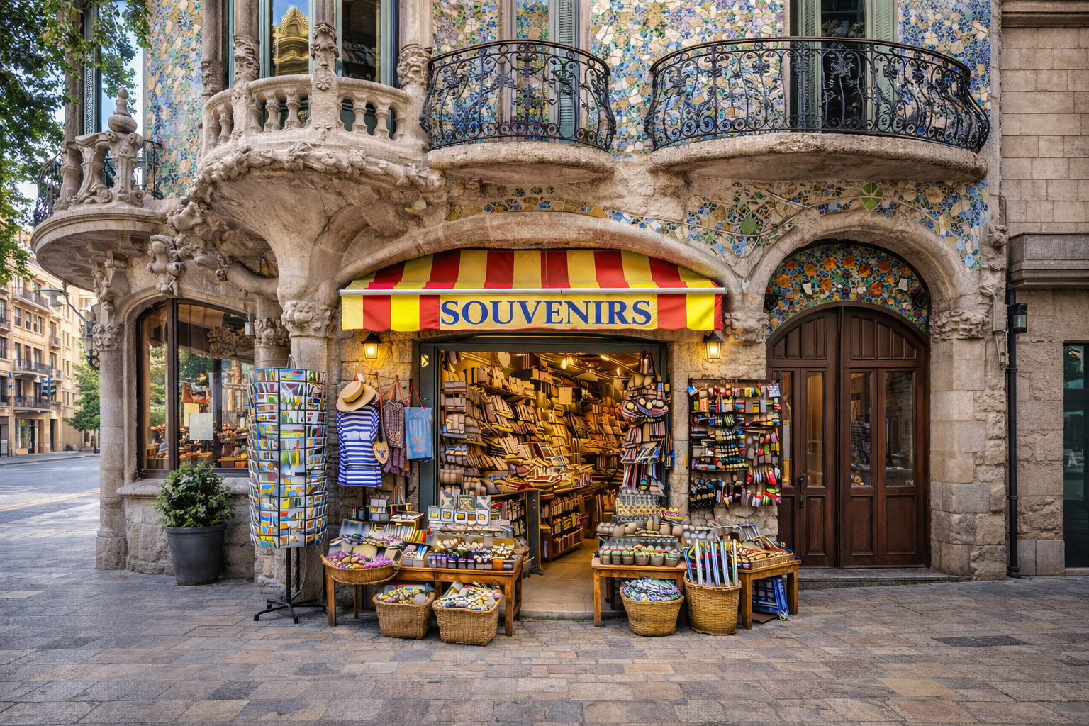 Außenansicht eines Souvenirgeschäfts in der Altstadt von Barcelona in einem Gebäude im Gaudí-Stil mit geschwungenen Natursteinformen, organischen Balkonen und bunter Mosaikfassade. Unter einer rot-gelb gestreiften Markise mit dem Schriftzug SOUVENIRS stehen Postkartenständer und Tische mit typisch spanischen Andenken wie Keramik, Fächern, Magneten und kleinen Mitbringseln vor dem offenen Eingang.