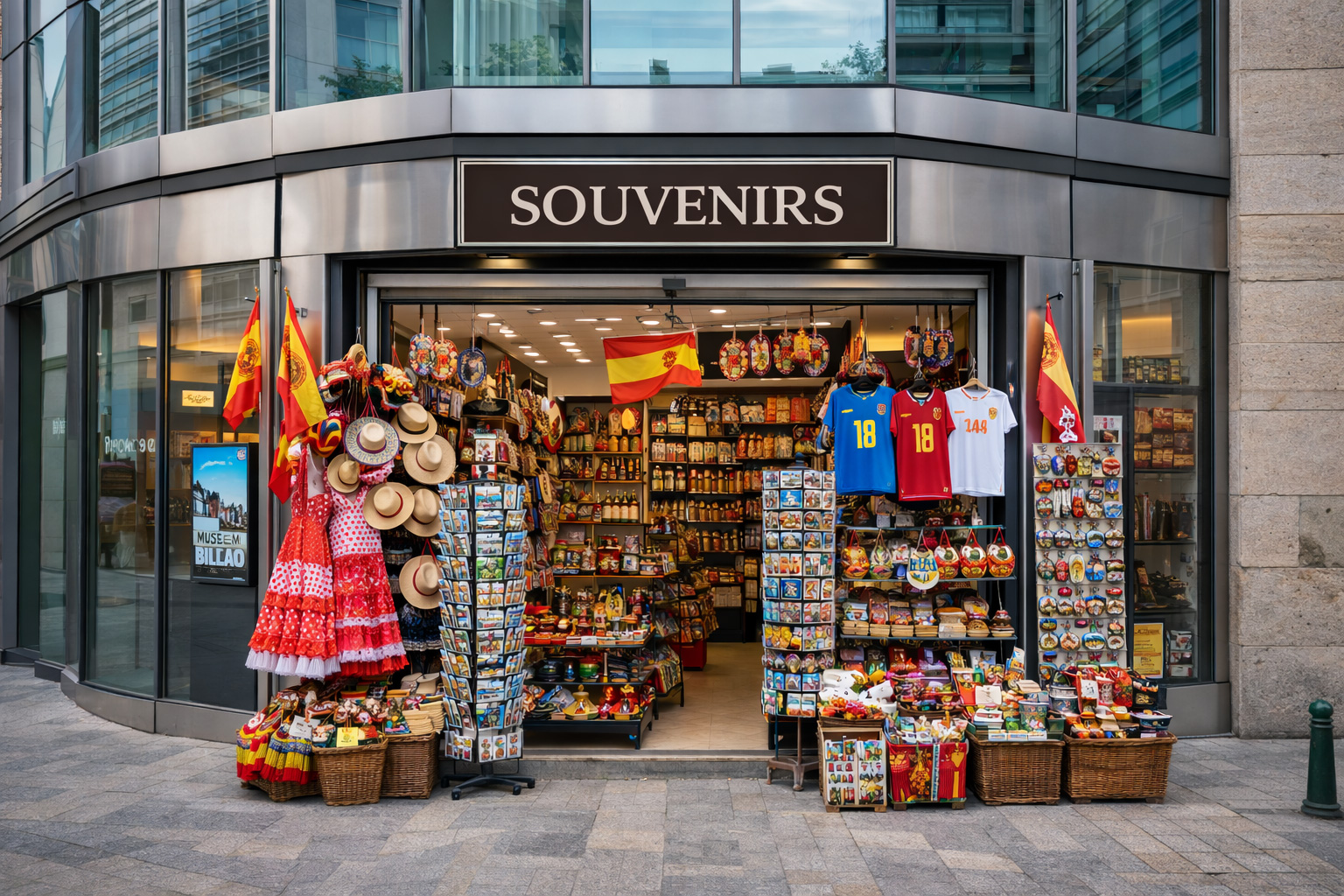 Außenansicht eines modernen Souvenirgeschäfts in Bilbao mit großer Glasfassade und klaren Metallrahmen, breitem Eingangsbereich und dicht bestückten Auslagen mit spanischen Souvenirs wie Keramiktellern, Postkarten, Magneten, Fächern, Hüten, Figuren und Textilien