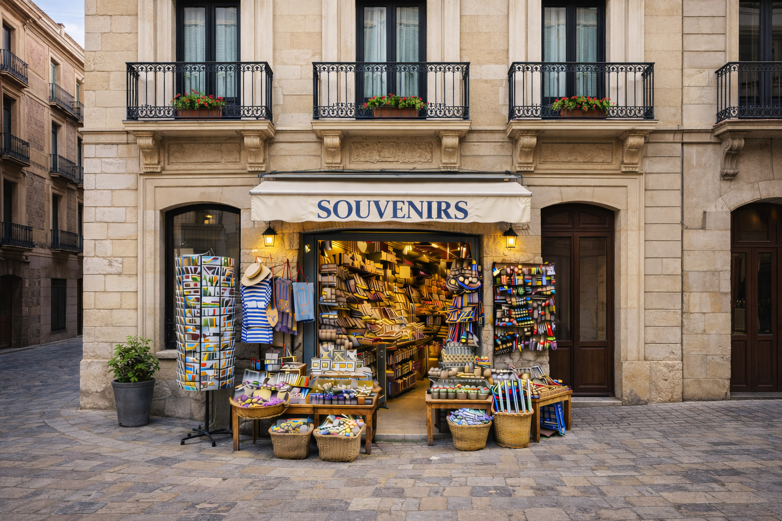 Außenansicht eines Souvenirgeschäfts in der Altstadt von Castelló de la Plana in einem spanisch-neoklassischen Reihenhaus mit heller Steinfassade, klaren Gesimsen und schmiedeeisernen Balkonen mit Blumenkästen. Unter einer Markise mit dem Schriftzug SOUVENIRS ist der offene Eingang von Postkartenständern und Auslagetischen umgeben, auf denen Keramik, Fächer, Magneten und weitere typisch spanische Mitbringsel präsentiert werden.